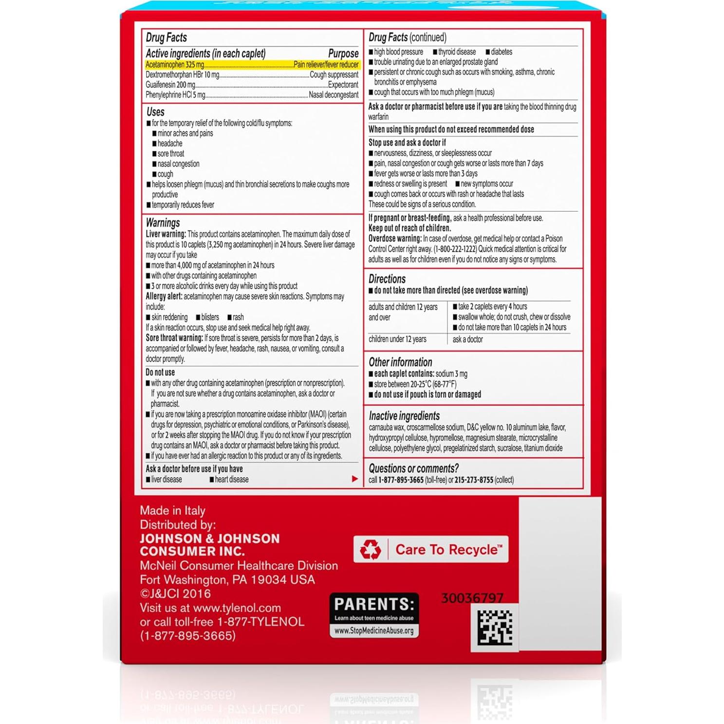 Tylenol Frío + Gripe Caplets 50 Paquetes de 2 ct - Alivio Efectivo