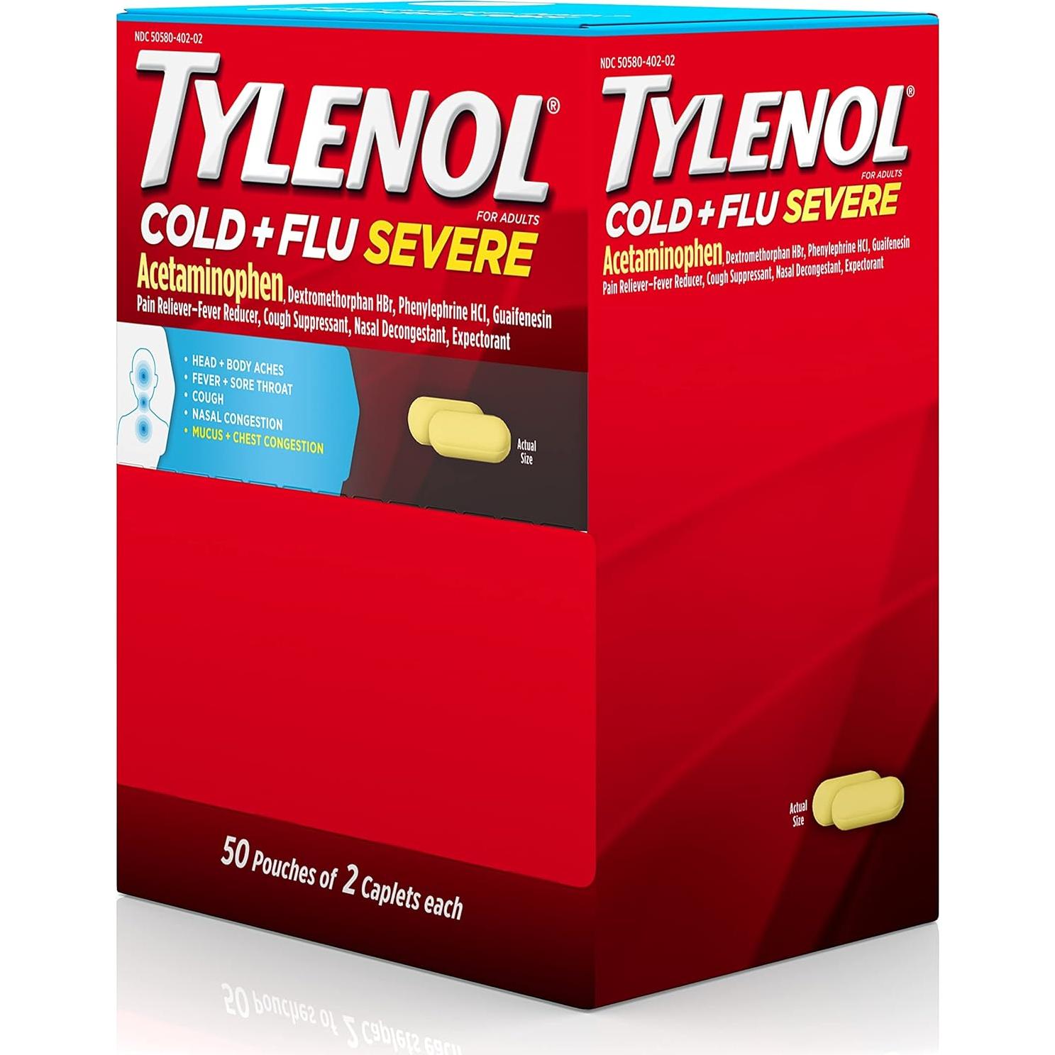 Tylenol Frío + Gripe Caplets 50 Paquetes de 2 ct - Alivio Efectivo