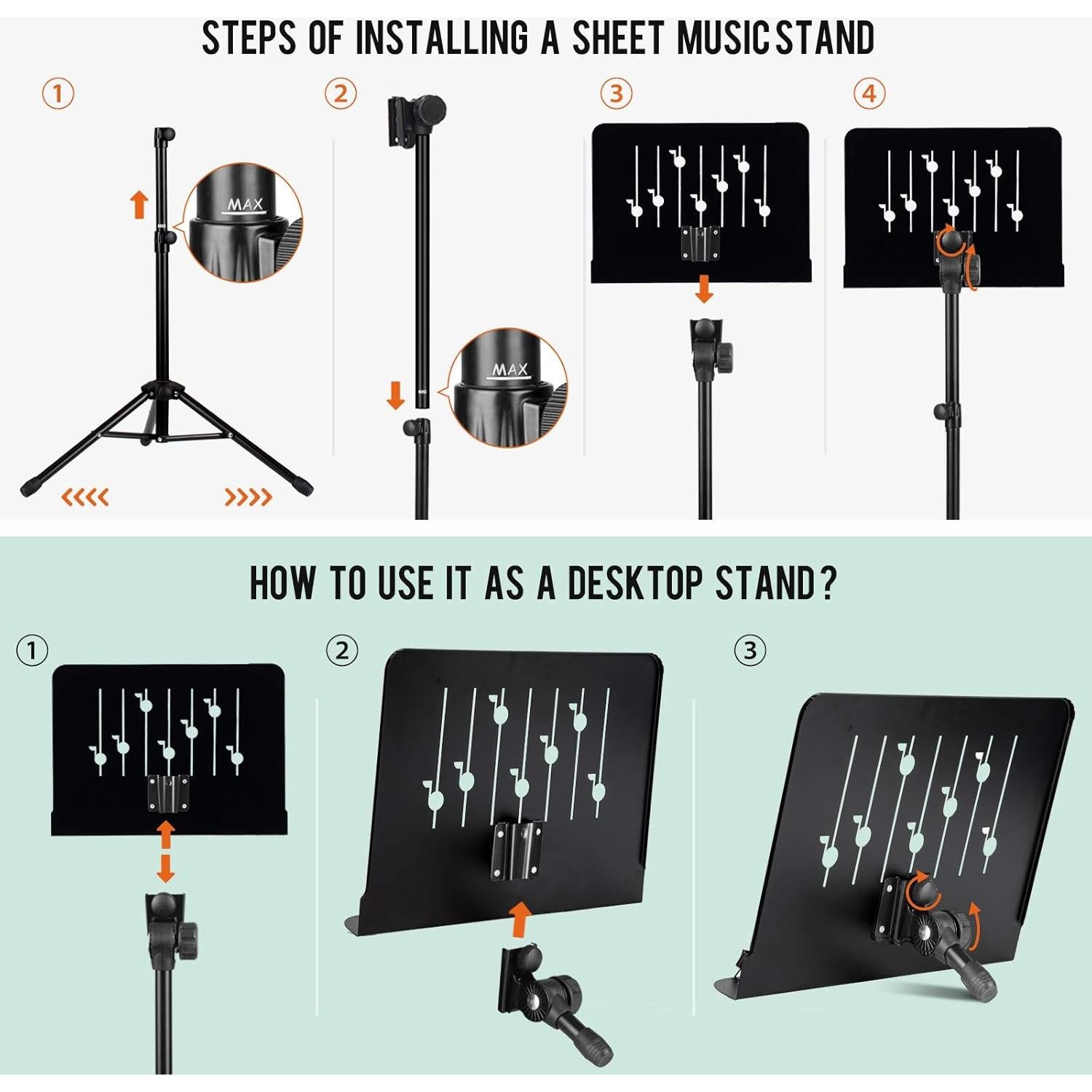 CAHAYA Music Stand for Sheet Music: Dual-use Sheet Music Stand Floor Music Book Stand Portable Height Adjustable from 31.4-57in with Tabletop Support, Carrying Bag, and Clip Unique Quaver Design