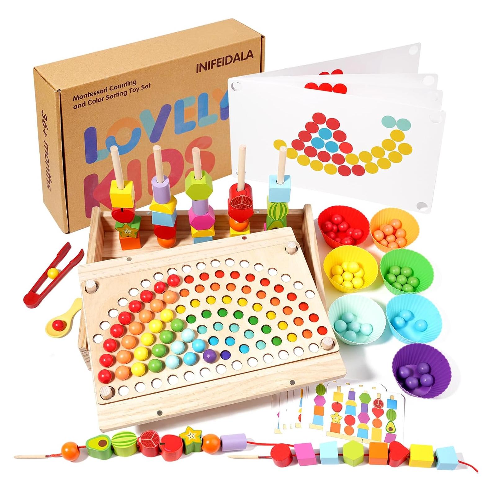 Toddler Learning Montessori Toys for 3 4 5 6 Year Old,Rainbow Stacking & Lacing Beads & Matching Shape Stacker - Wooden Peg Board Beads Sequencing Toy Set - Fine Motor Skills Toys