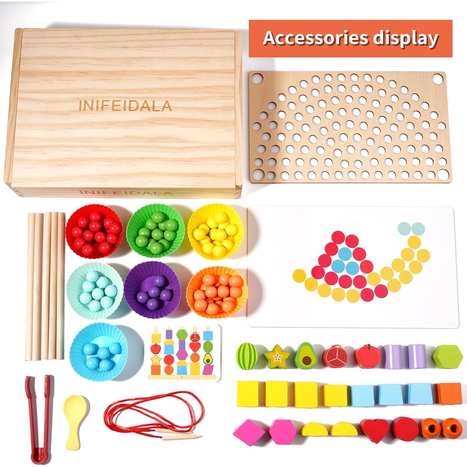 Toddler Learning Montessori Toys for 3 4 5 6 Year Old,Rainbow Stacking & Lacing Beads & Matching Shape Stacker - Wooden Peg Board Beads Sequencing Toy Set - Fine Motor Skills Toys