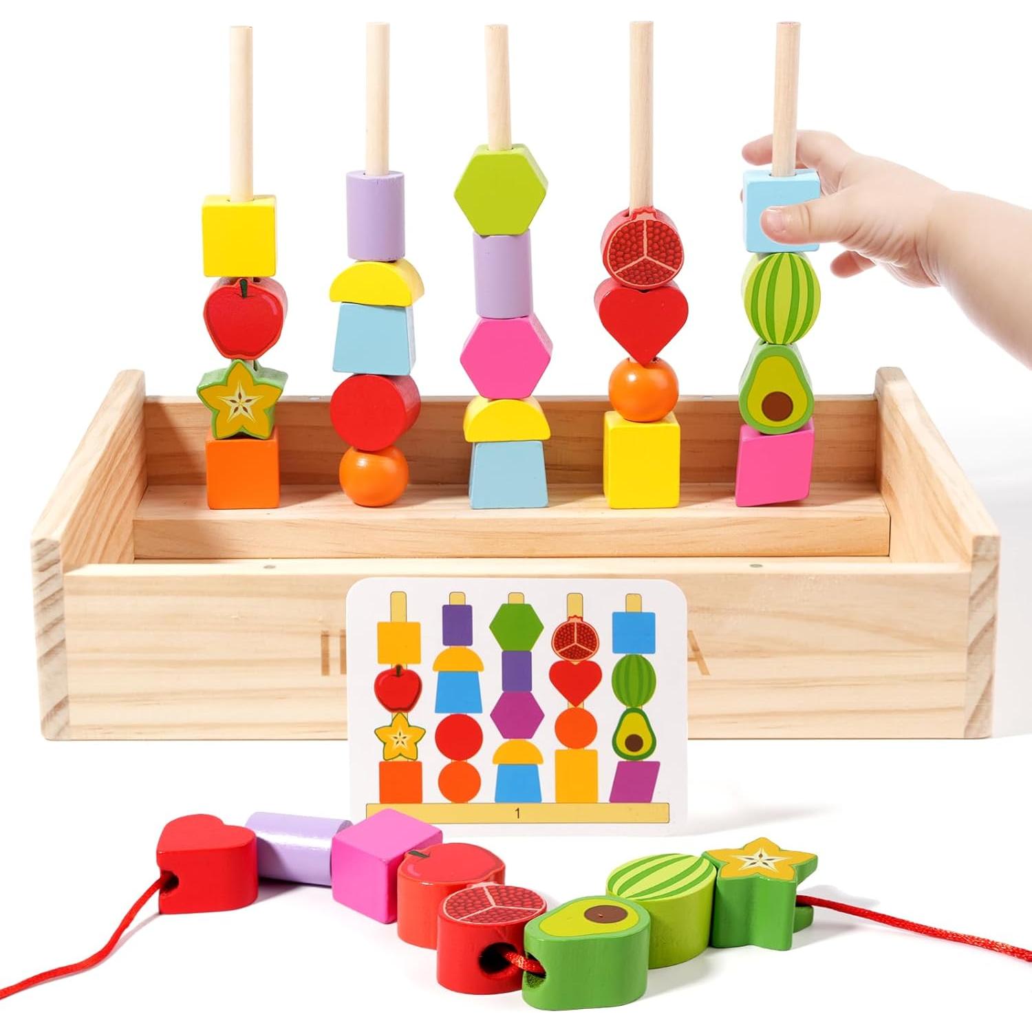 Toddler Learning Montessori Toys for 3 4 5 6 Year Old,Rainbow Stacking & Lacing Beads & Matching Shape Stacker - Wooden Peg Board Beads Sequencing Toy Set - Fine Motor Skills Toys