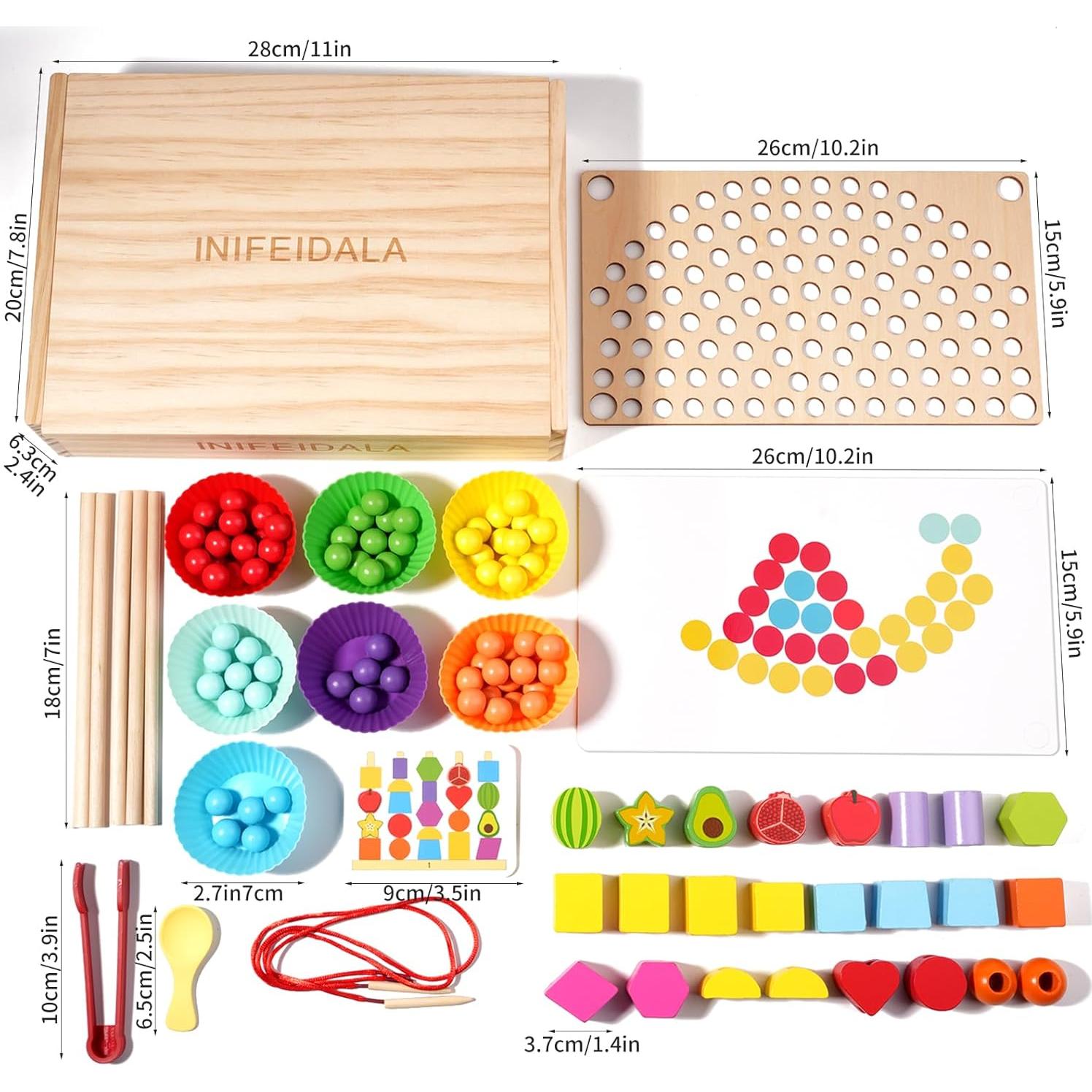 Toddler Learning Montessori Toys for 3 4 5 6 Year Old,Rainbow Stacking & Lacing Beads & Matching Shape Stacker - Wooden Peg Board Beads Sequencing Toy Set - Fine Motor Skills Toys