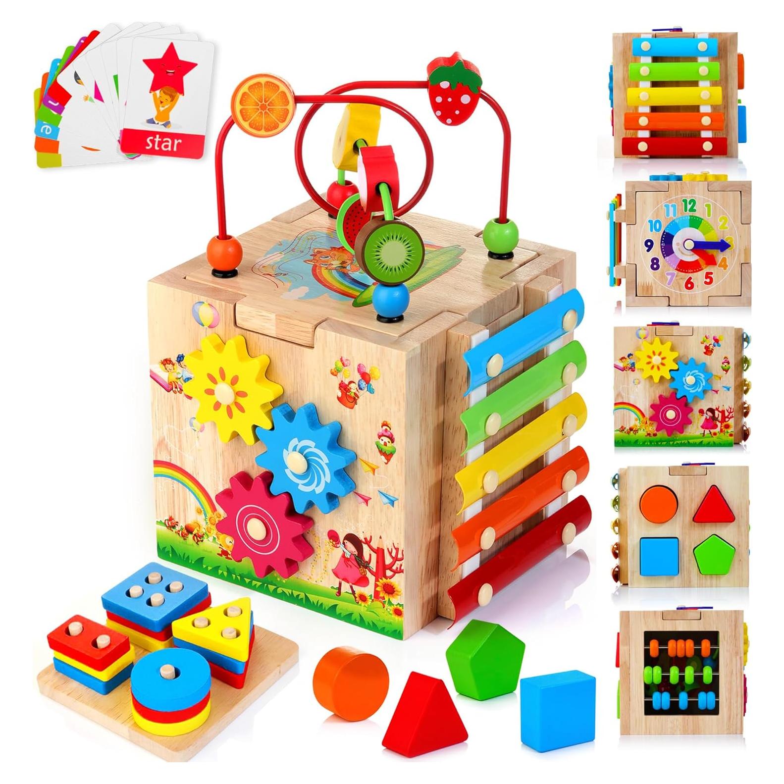 Cubo de Actividad de Madera HELLOWOOD 8 en 1 para Bebés 1-3 Años