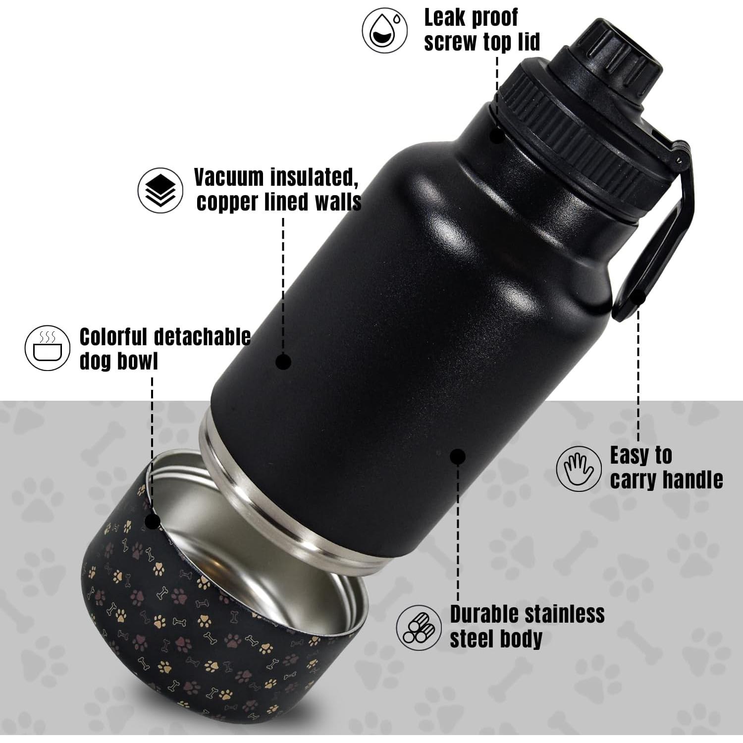 Botella de Agua Portátil para Perros AGH 0.95L Doble Pared Negro