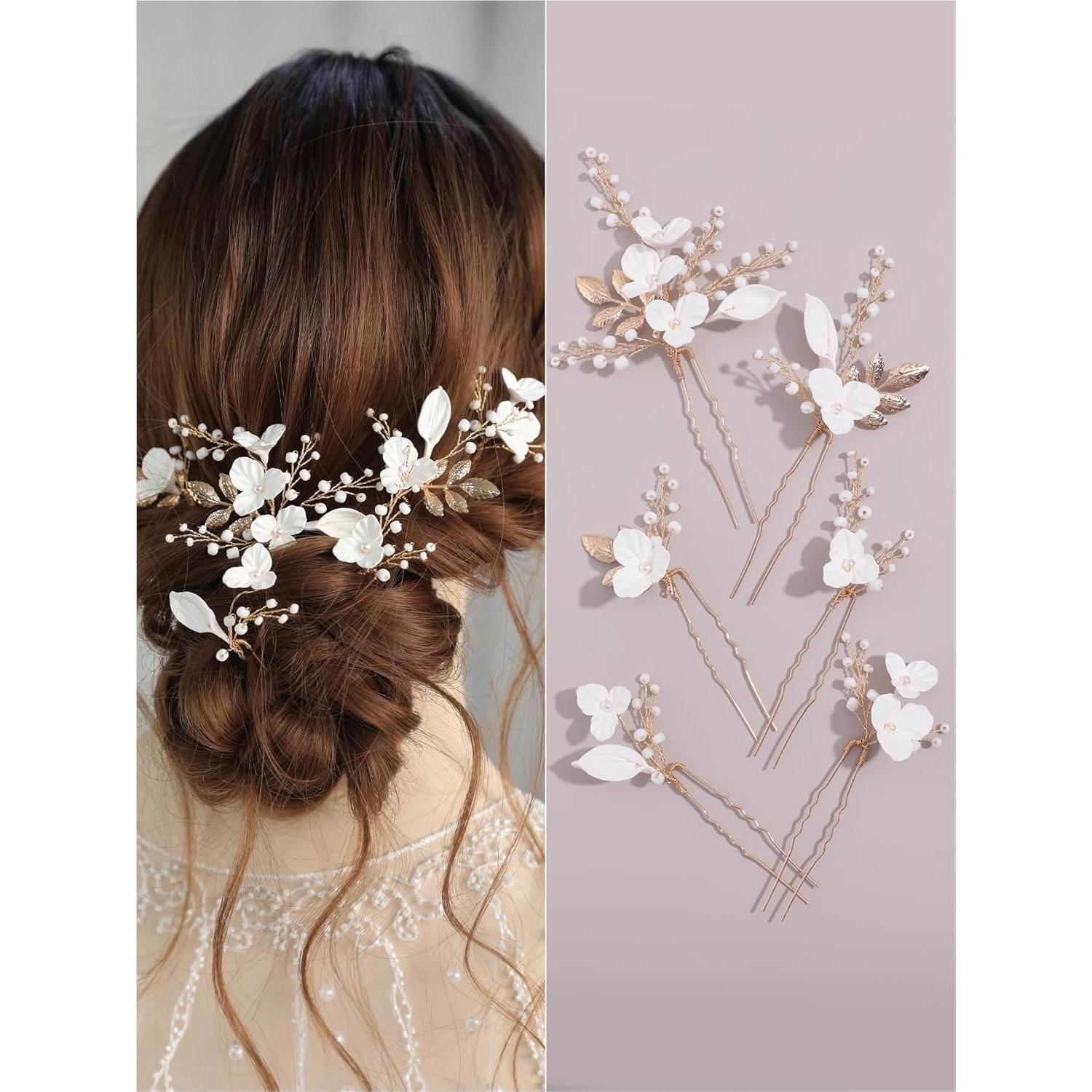 Horquillas de Perlas Doradas SELFCLOUD - 6 Pcs Hechas a Mano