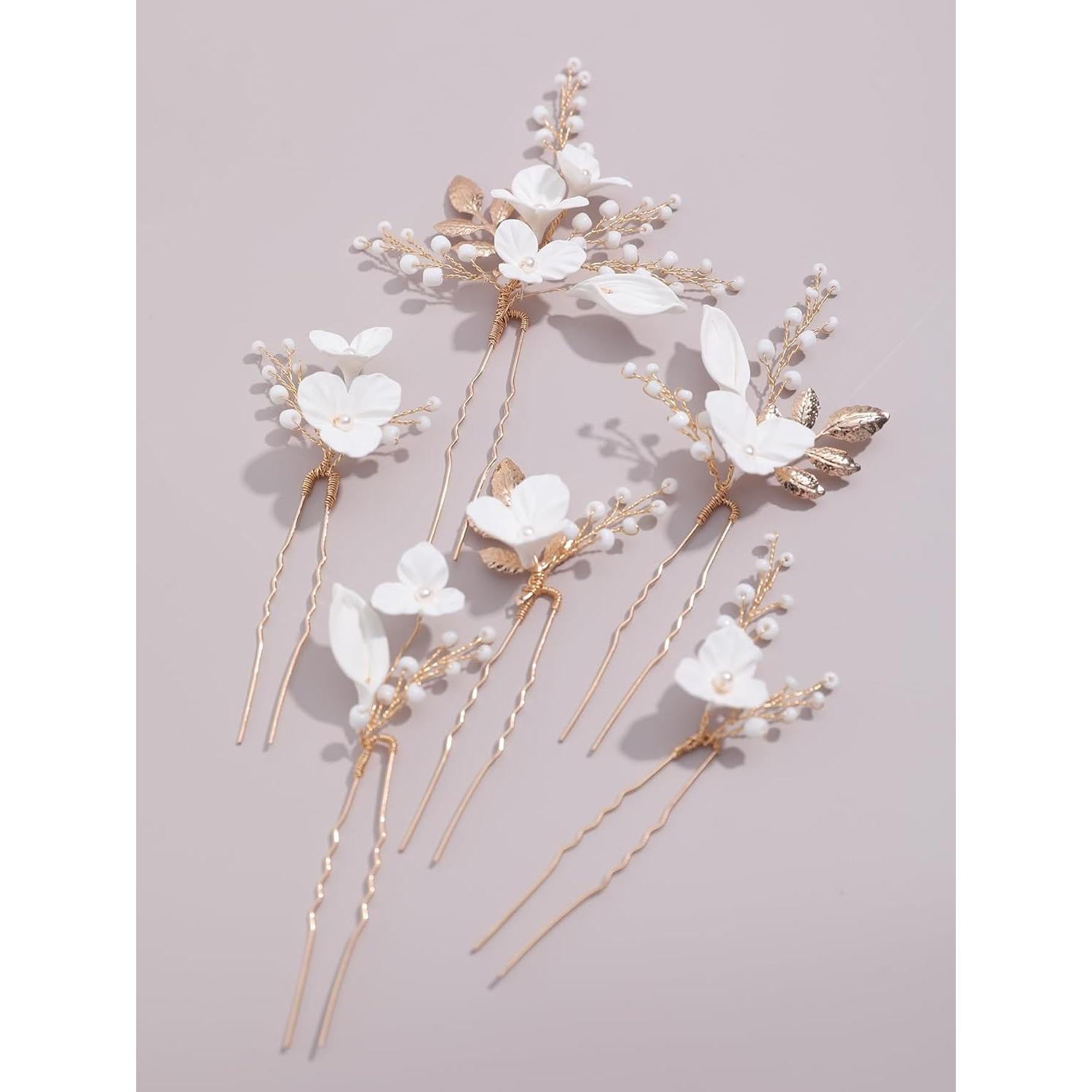 Horquillas de Perlas Doradas SELFCLOUD - 6 Pcs Hechas a Mano