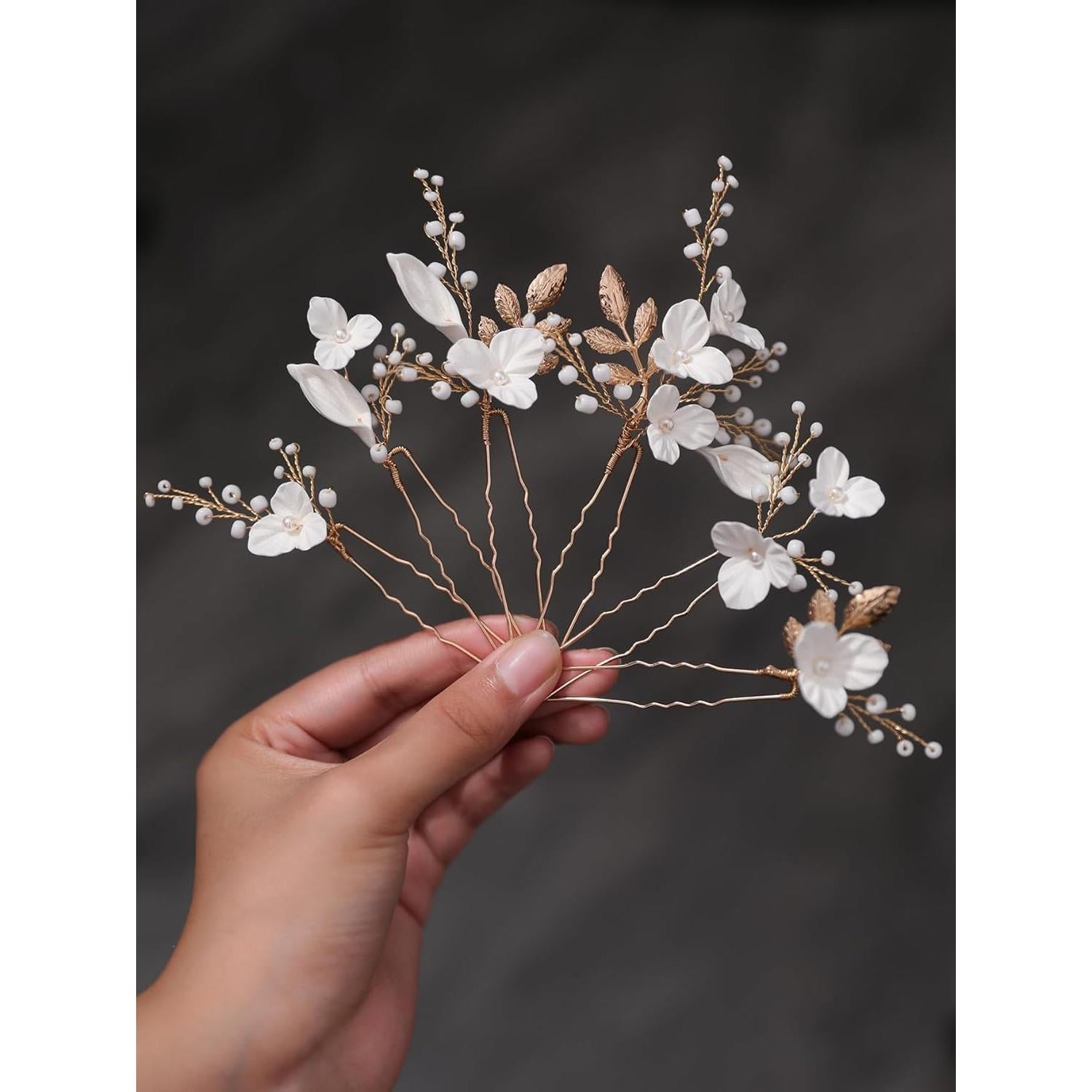 Horquillas de Perlas Doradas SELFCLOUD - 6 Pcs Hechas a Mano