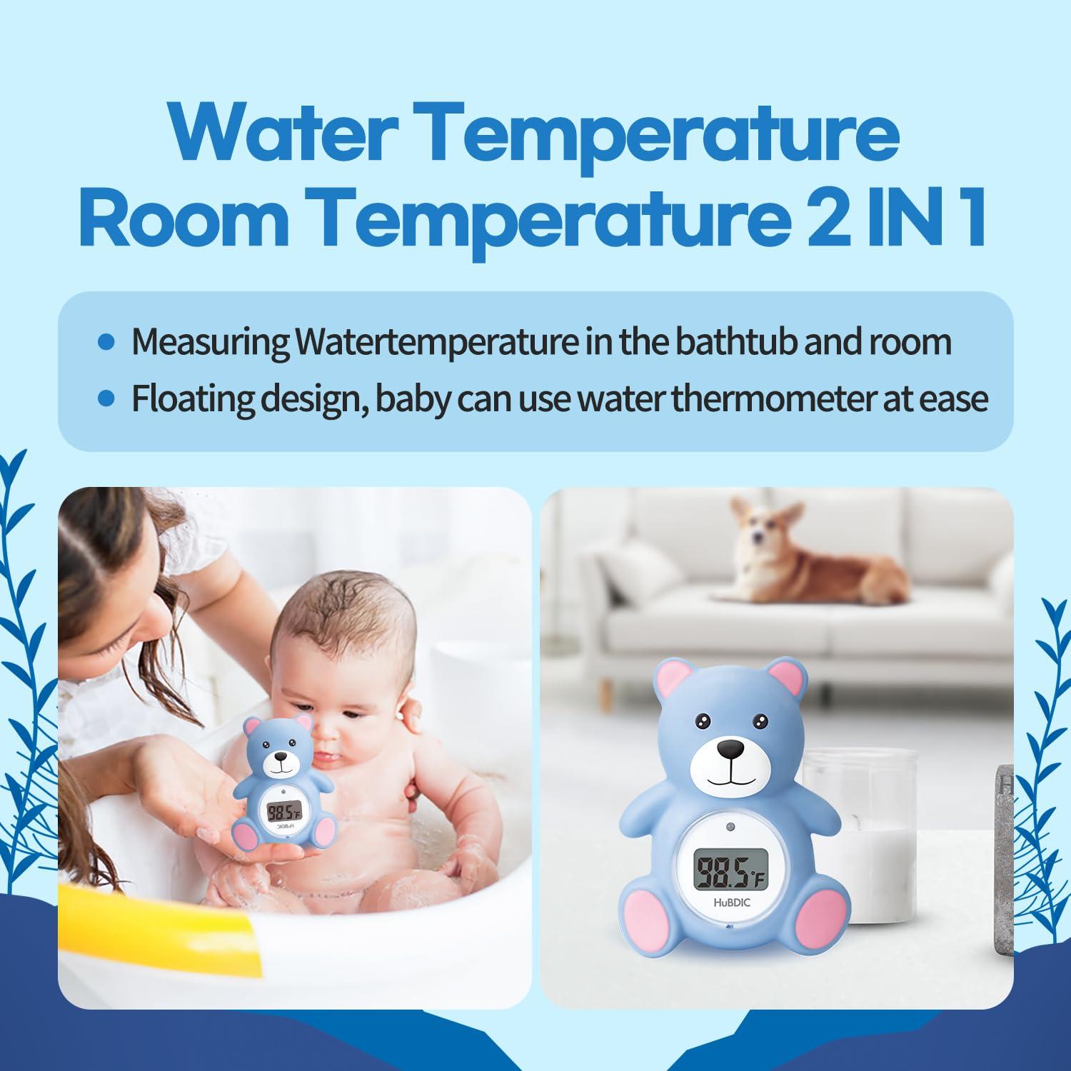 HubiBaby Baby Bath Thermometer & Digital Room Temperature, 2in1 Kids Bathroom Safety Products with Temperature Warning, Floating Teddy Bear (Blue)