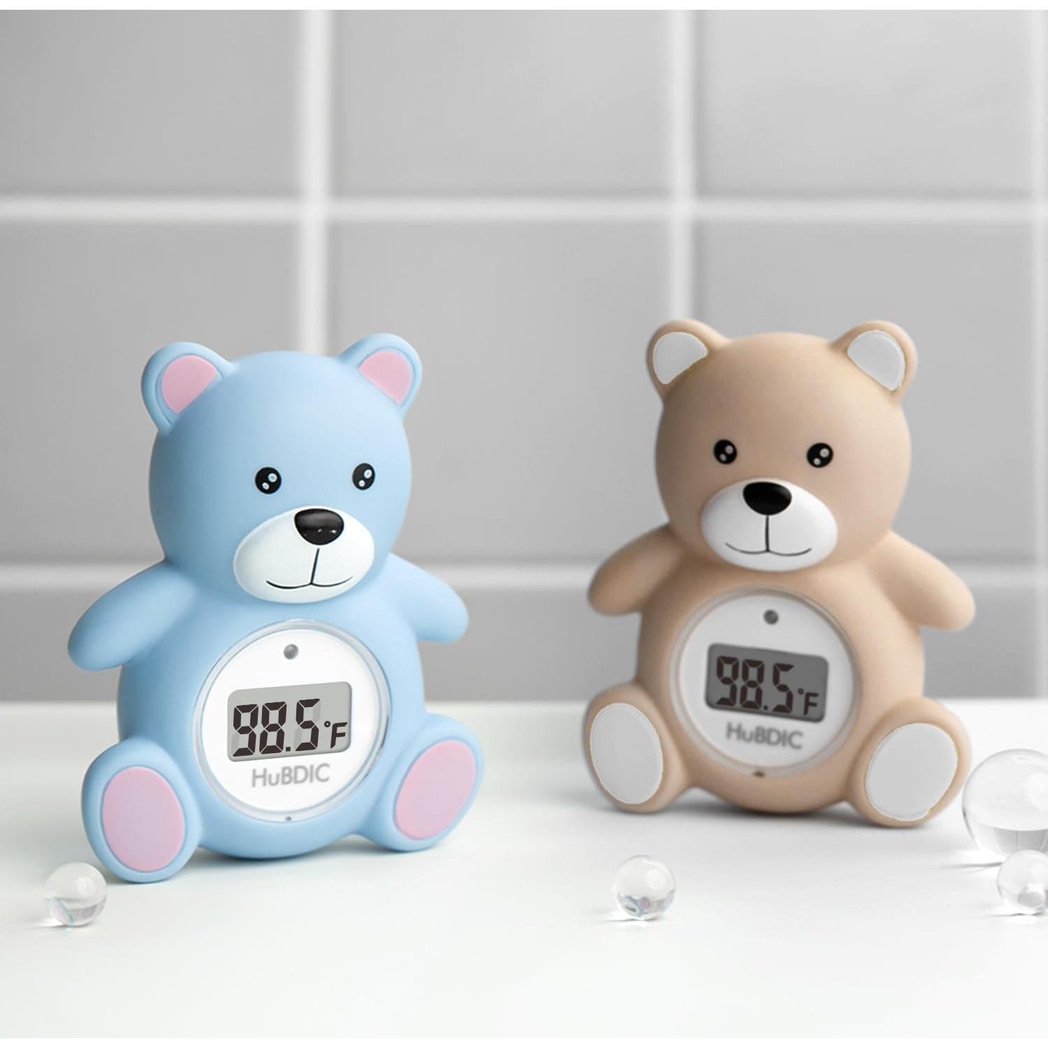 HubiBaby Baby Bath Thermometer & Digital Room Temperature, 2in1 Kids Bathroom Safety Products with Temperature Warning, Floating Teddy Bear (Blue)