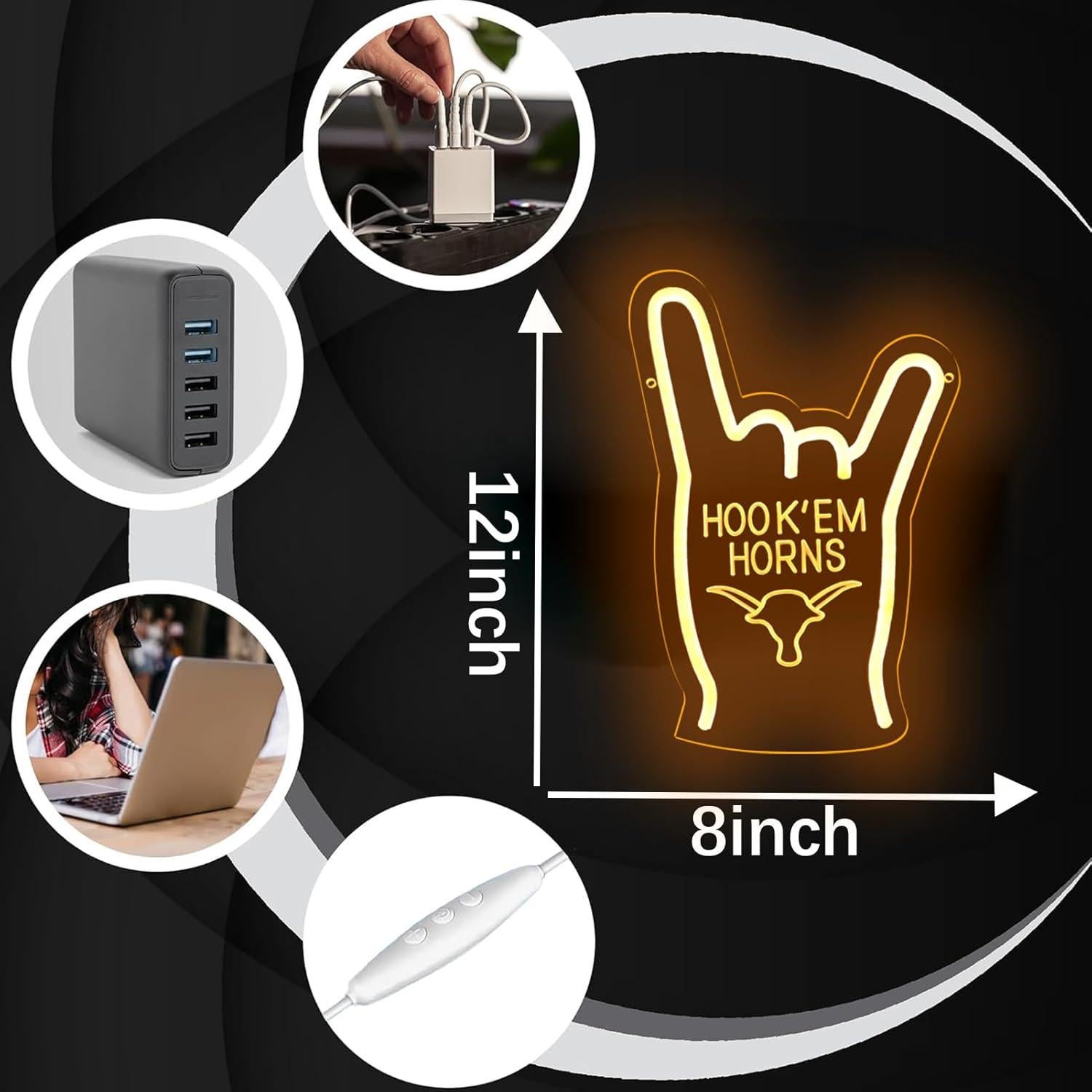 Luz de Neón Hook Em Horns TEXAS Dimmable 30x20 cm