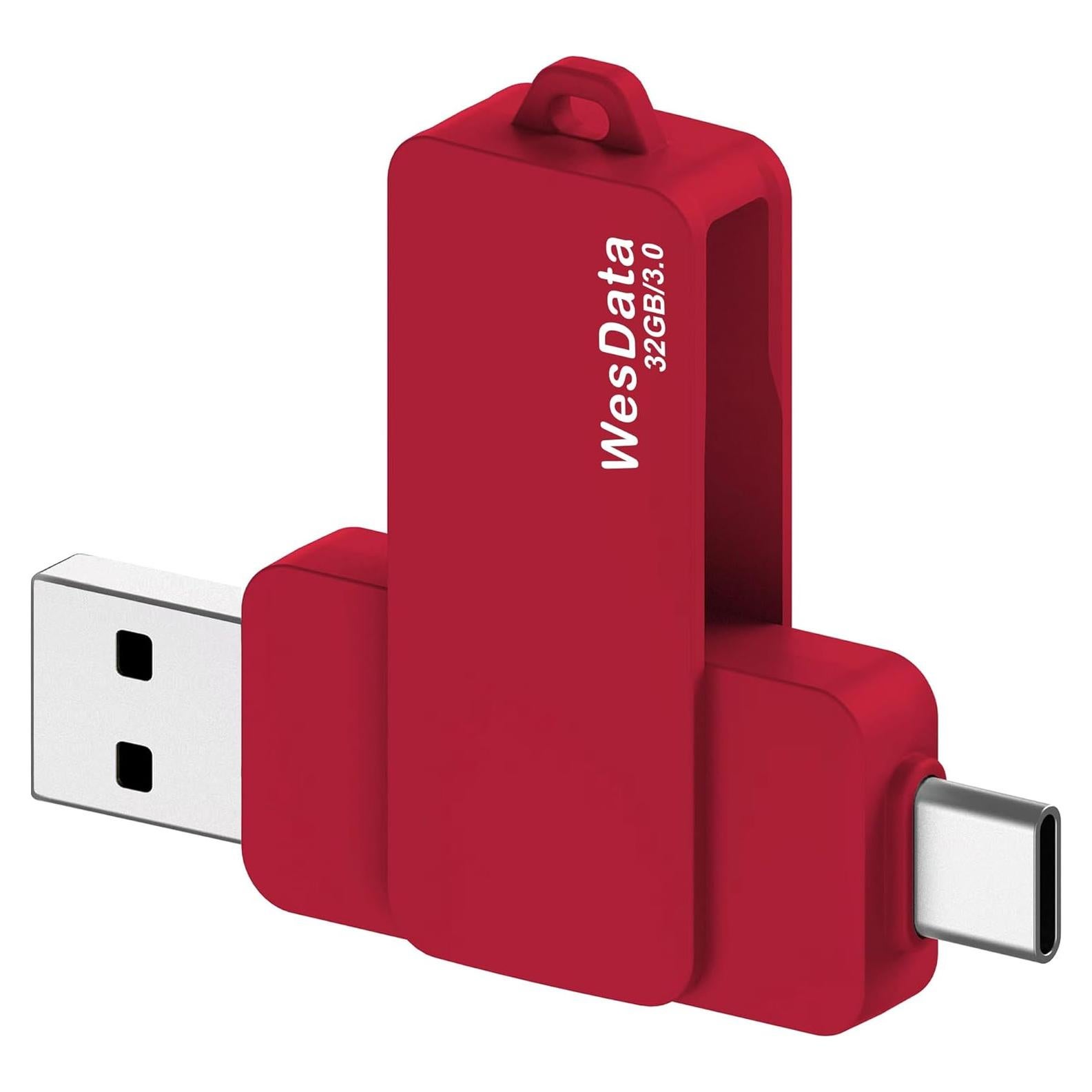 32GB 3.0 USB C Flash Drive with Type C and Type A Port, USB C Thumb Drives Storage and Backup for Smart Phones with OTG Function and Type C Port, Laptops, MacBook, PC(Red)