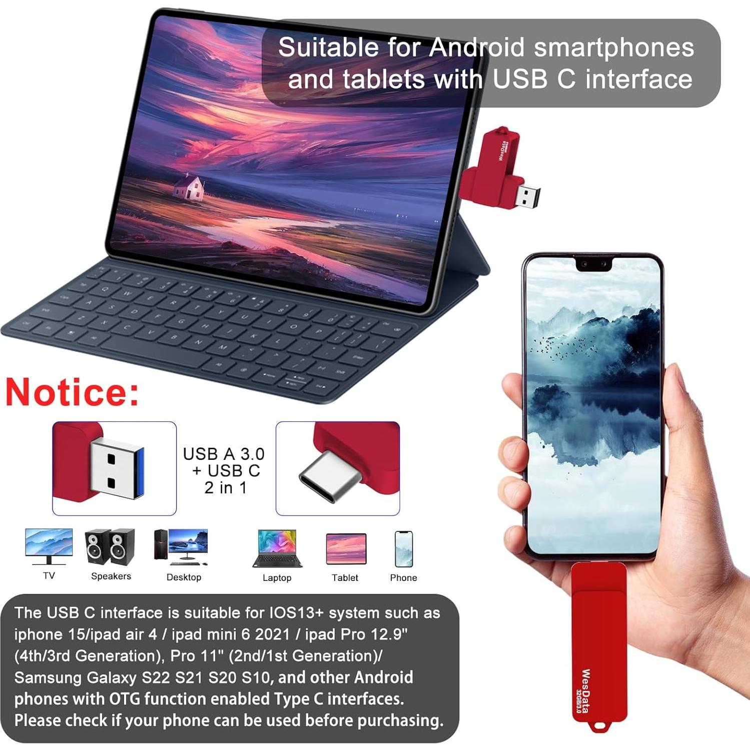 32GB 3.0 USB C Flash Drive with Type C and Type A Port, USB C Thumb Drives Storage and Backup for Smart Phones with OTG Function and Type C Port, Laptops, MacBook, PC(Red)