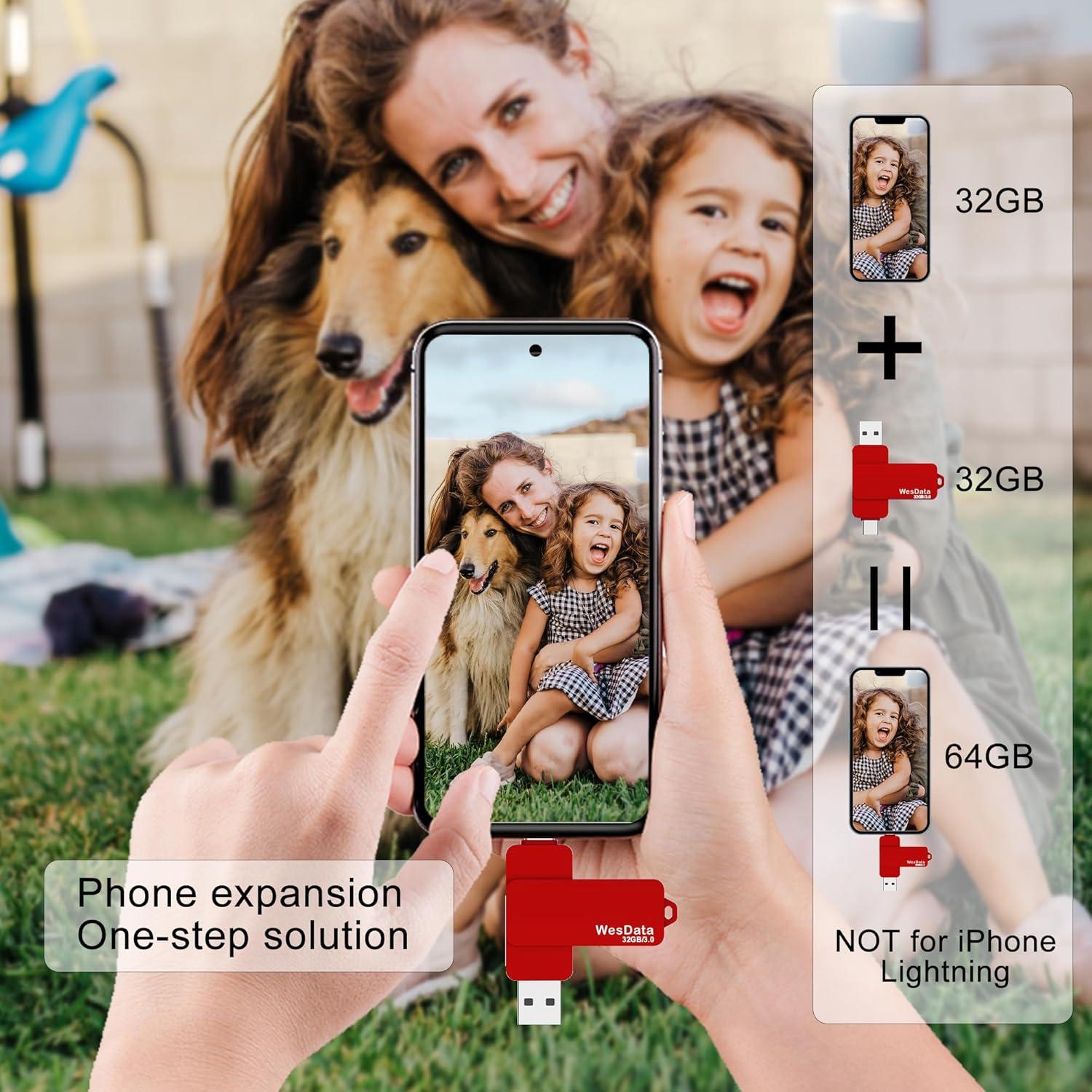 32GB 3.0 USB C Flash Drive with Type C and Type A Port, USB C Thumb Drives Storage and Backup for Smart Phones with OTG Function and Type C Port, Laptops, MacBook, PC(Red)