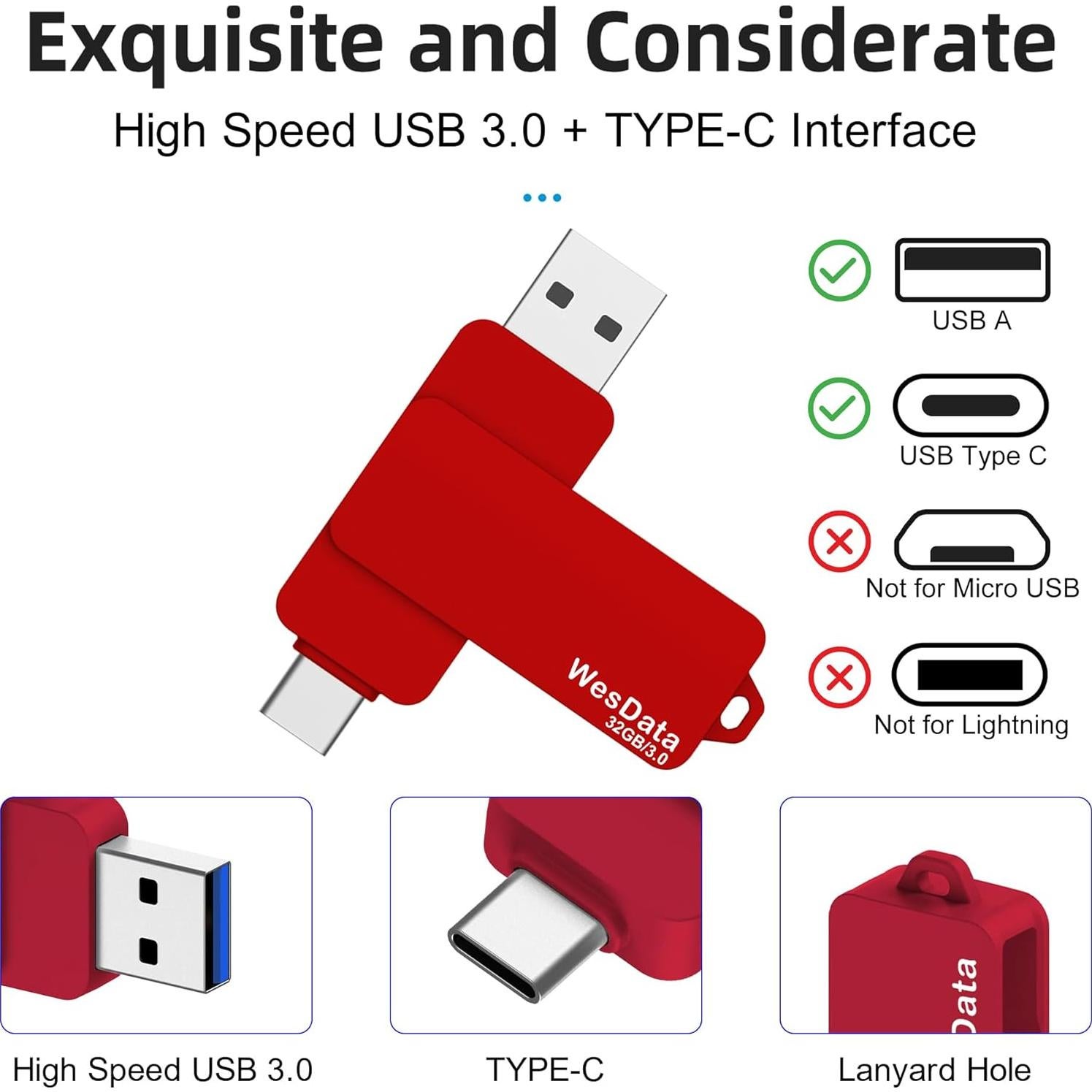 32GB 3.0 USB C Flash Drive with Type C and Type A Port, USB C Thumb Drives Storage and Backup for Smart Phones with OTG Function and Type C Port, Laptops, MacBook, PC(Red)