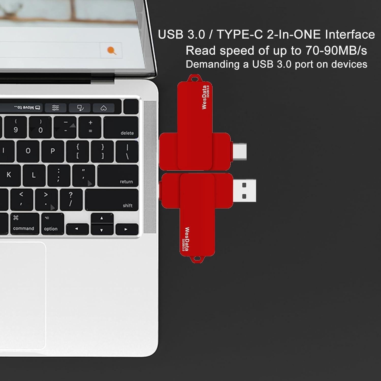 32GB 3.0 USB C Flash Drive with Type C and Type A Port, USB C Thumb Drives Storage and Backup for Smart Phones with OTG Function and Type C Port, Laptops, MacBook, PC(Red)