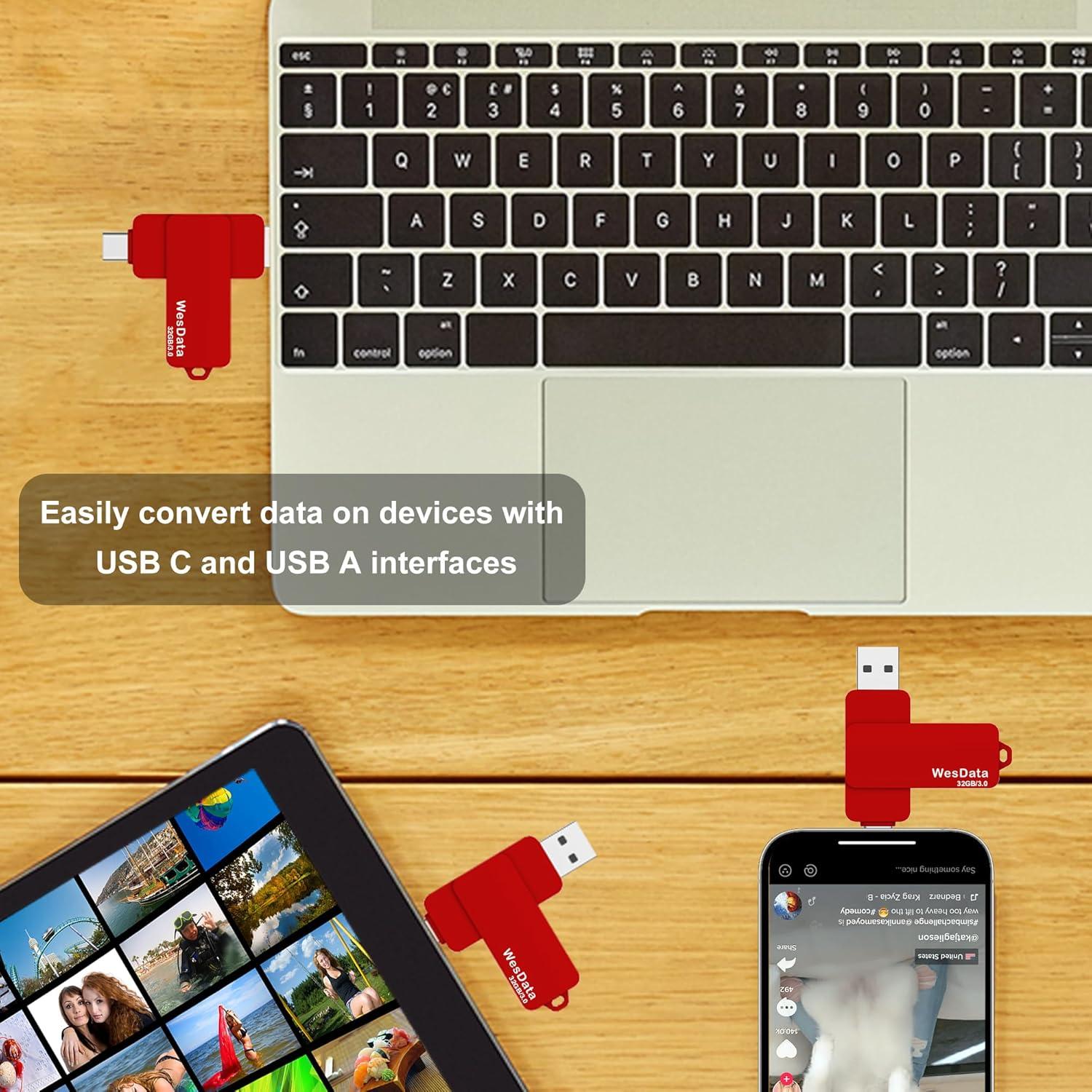 32GB 3.0 USB C Flash Drive with Type C and Type A Port, USB C Thumb Drives Storage and Backup for Smart Phones with OTG Function and Type C Port, Laptops, MacBook, PC(Red)