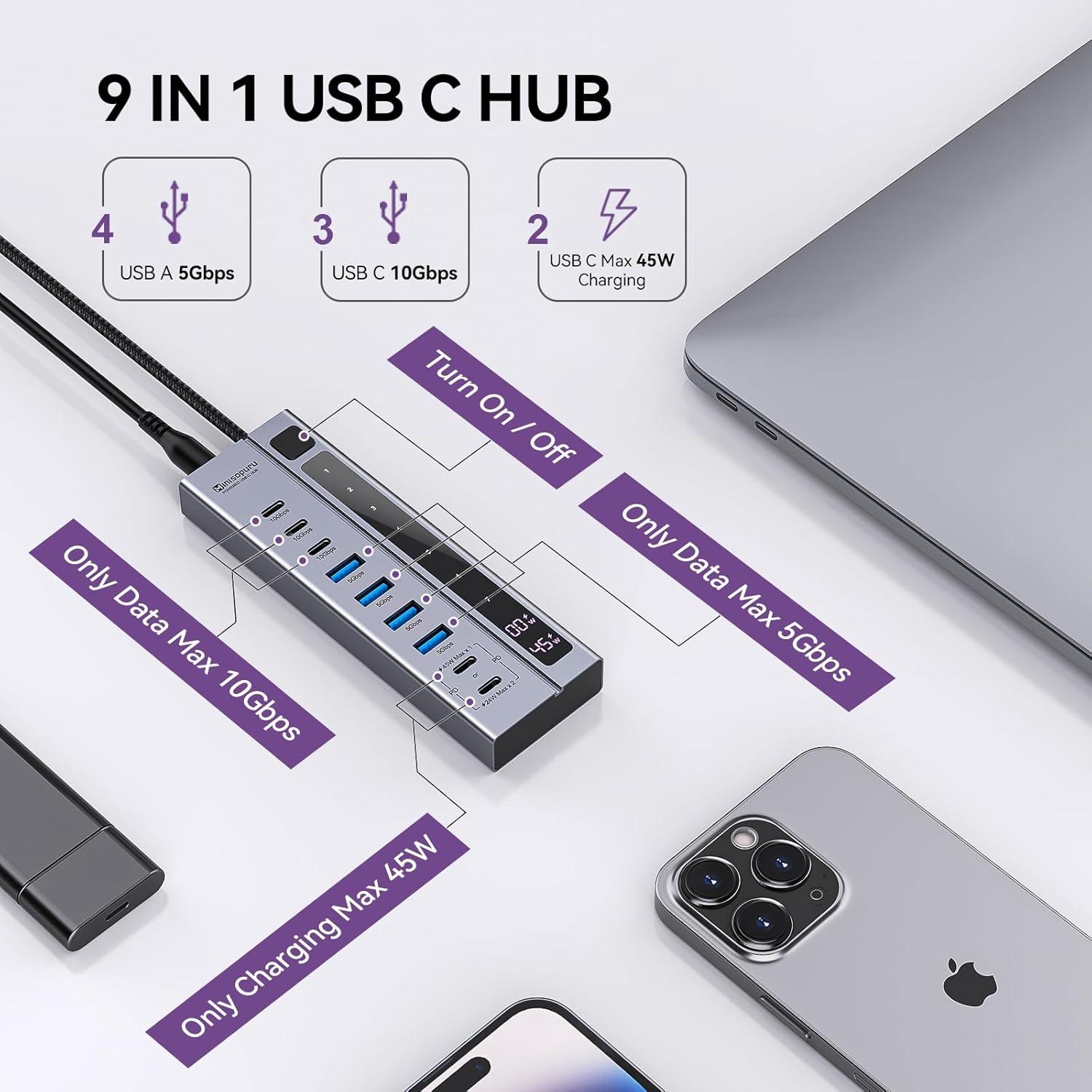 Hub USB-C Minisopuru 9 en 1 con Carga 45W y 10Gbps