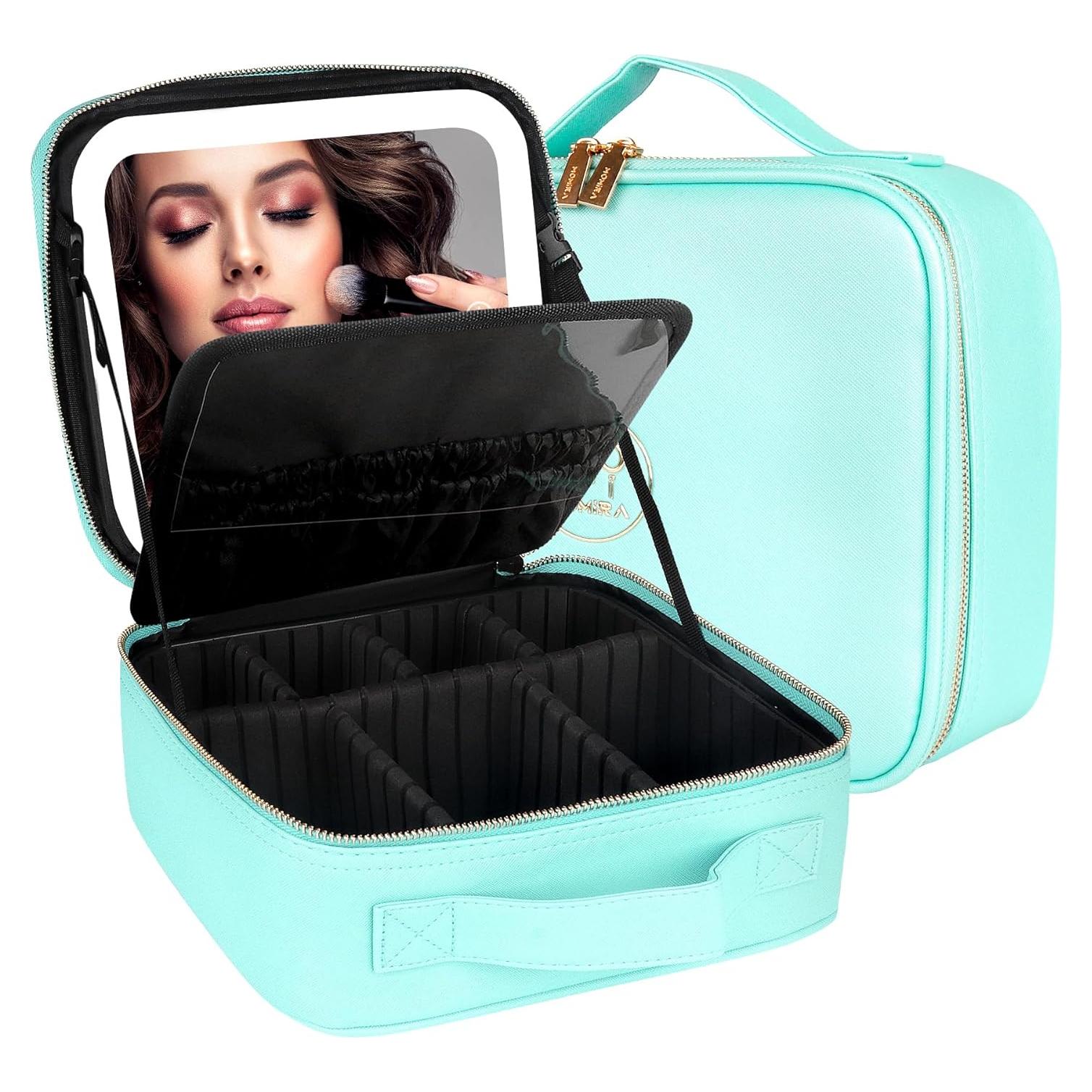 Bolsa de Maquillaje de Viaje MOMIRA Azul Aqua con Espejo Iluminado