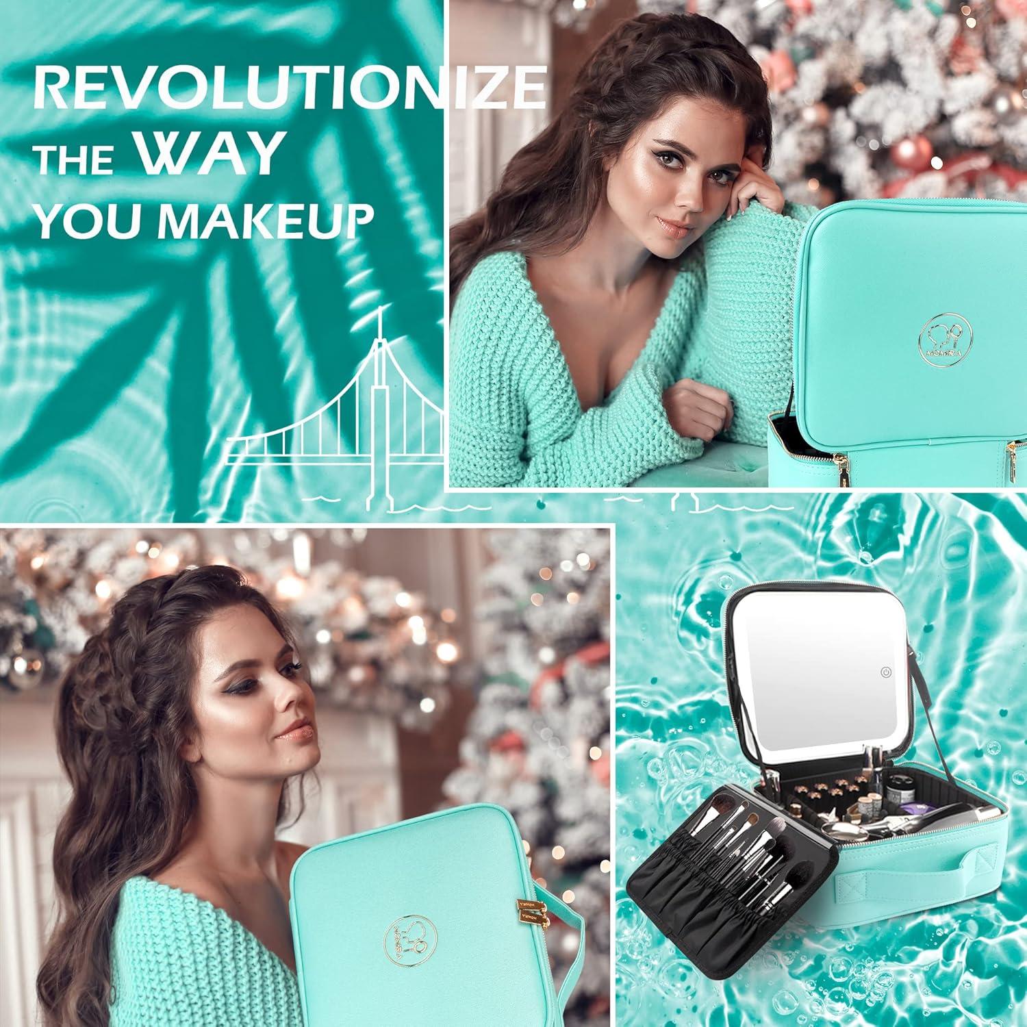 Bolsa de Maquillaje de Viaje MOMIRA Azul Aqua con Espejo Iluminado