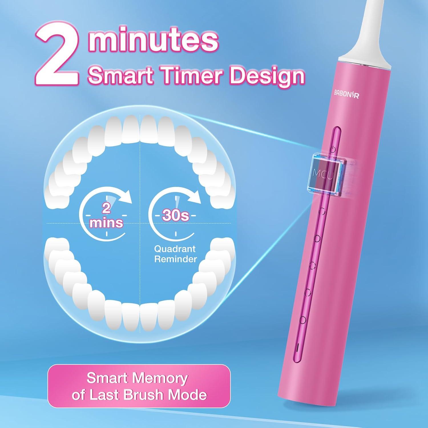 Cepillo de Dientes Eléctrico BABONIR TBM10T Rosa con 8 Cabezas