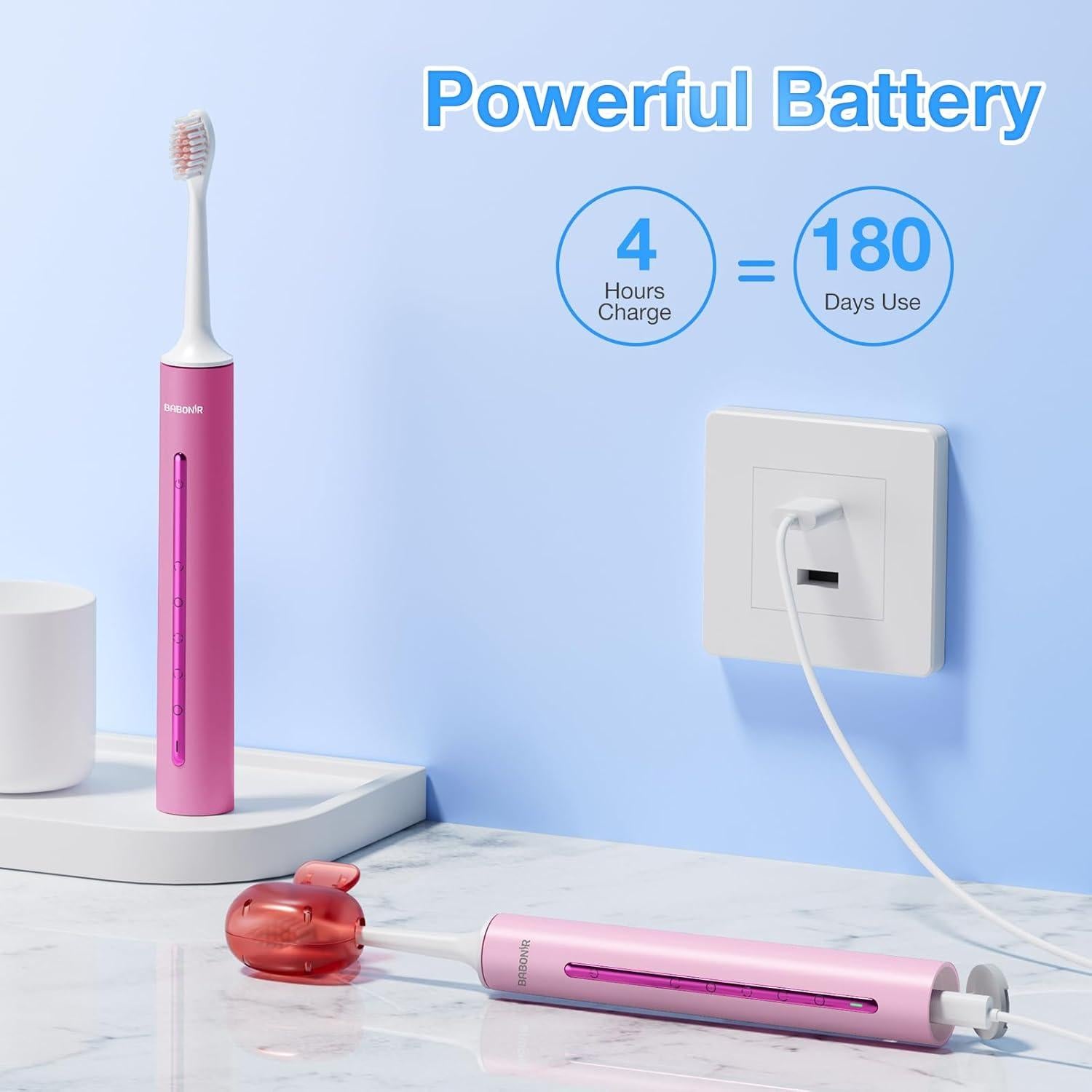 Cepillo de Dientes Eléctrico BABONIR TBM10T Rosa con 8 Cabezas