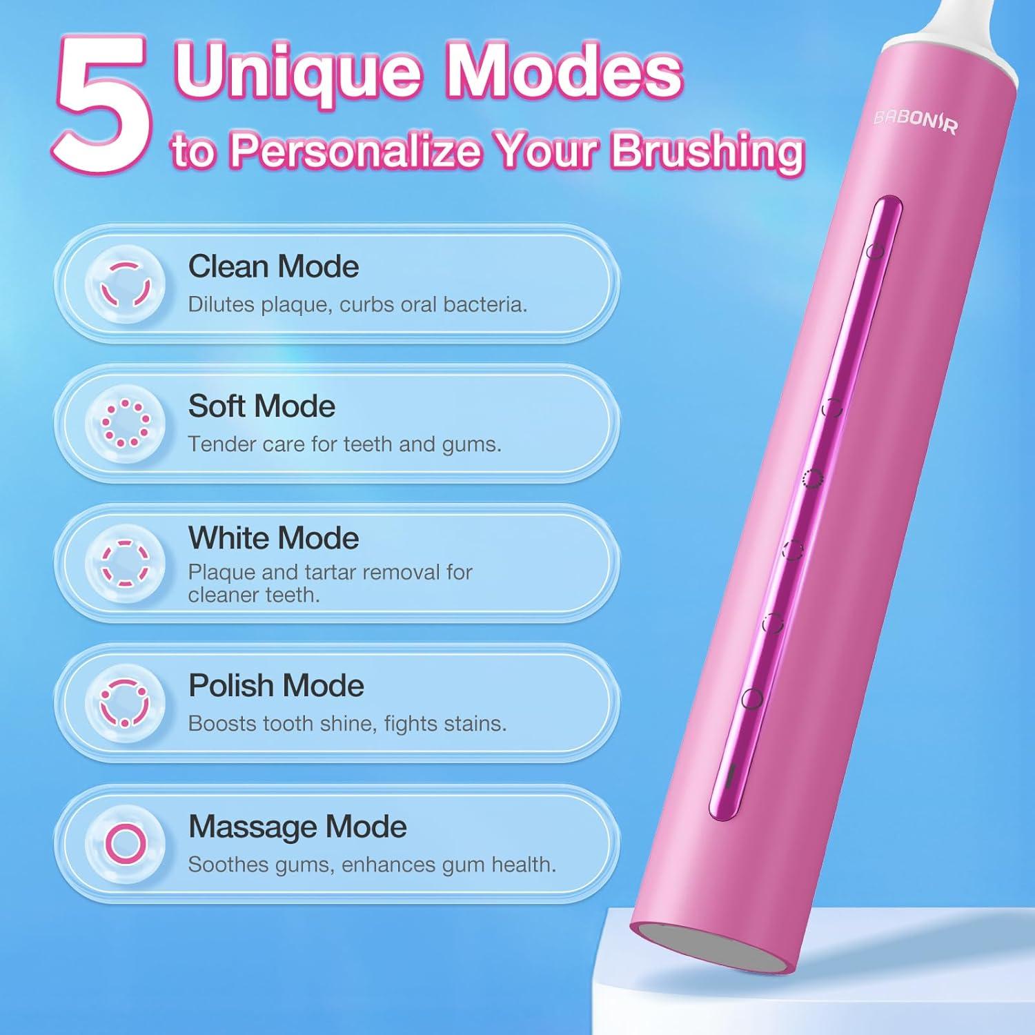 Cepillo de Dientes Eléctrico BABONIR TBM10T Rosa con 8 Cabezas