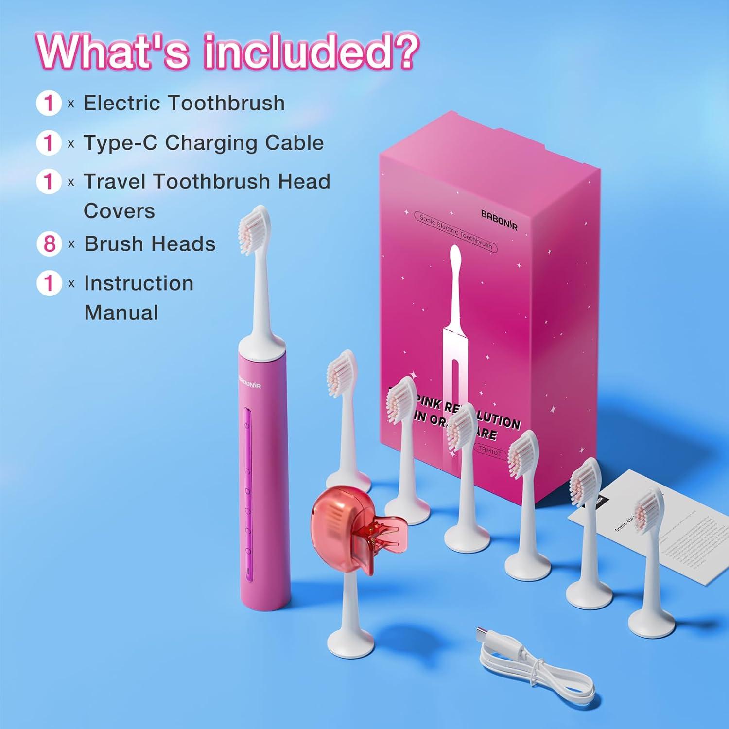 Cepillo de Dientes Eléctrico BABONIR TBM10T Rosa con 8 Cabezas