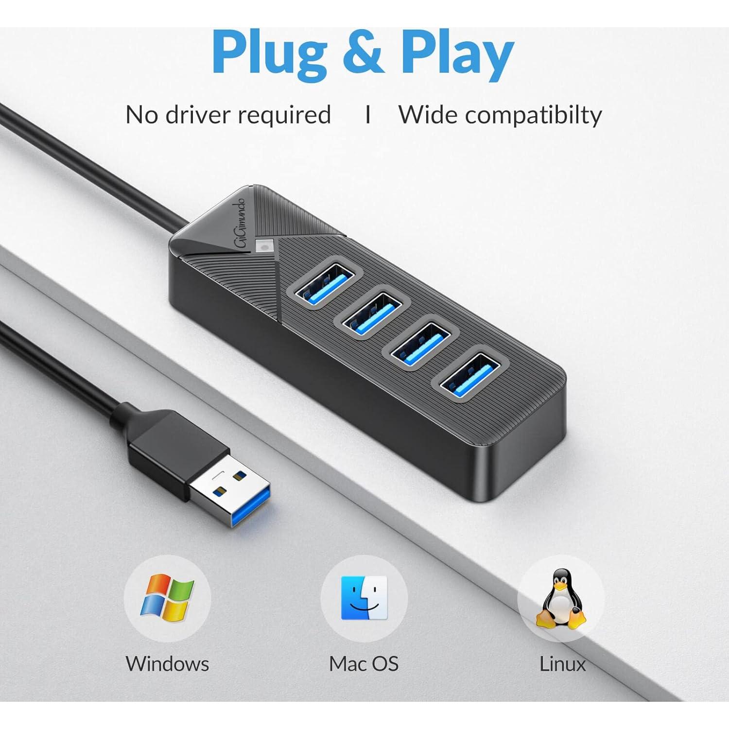 Hub USB 3.0 GiGimundo de 4 Puertos - Transferencia 5Gbps - Negro