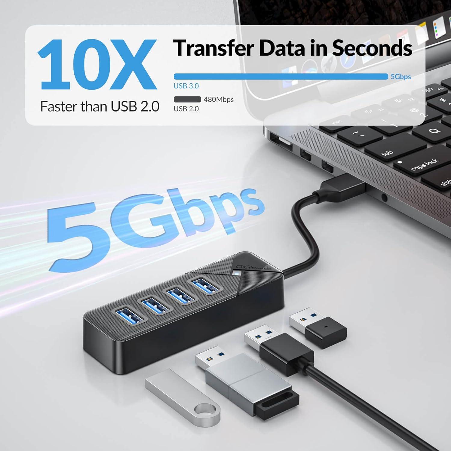 Hub USB 3.0 GiGimundo de 4 Puertos - Transferencia 5Gbps - Negro
