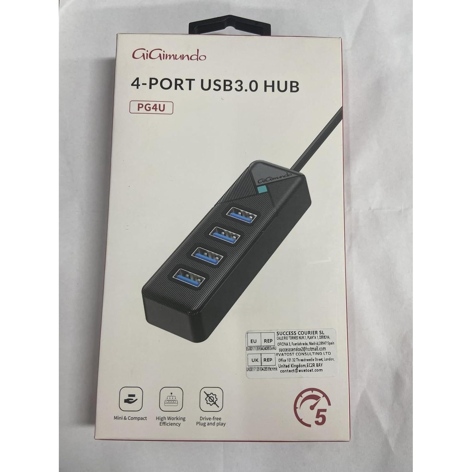 Hub USB 3.0 GiGimundo de 4 Puertos - Transferencia 5Gbps - Negro
