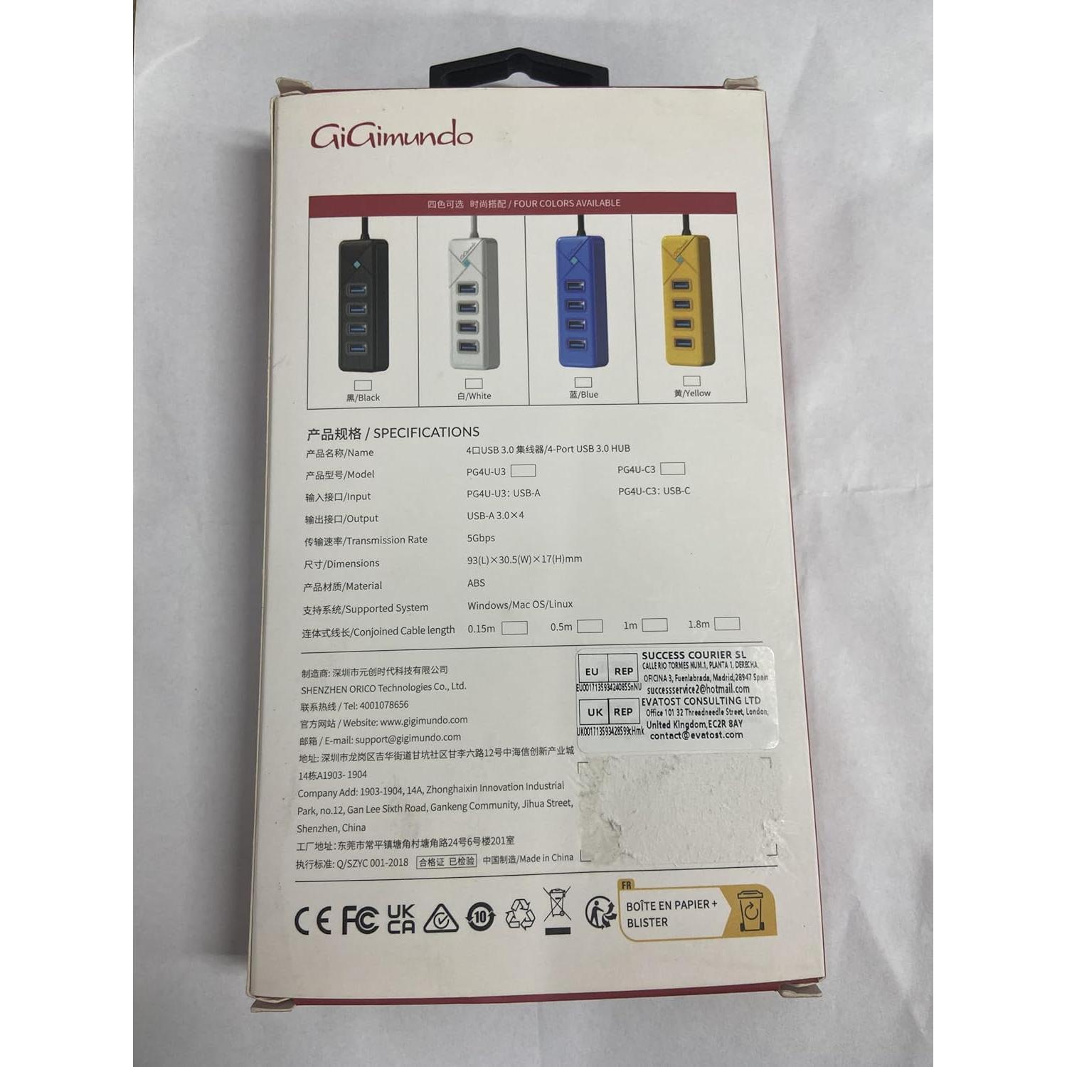 Hub USB 3.0 GiGimundo de 4 Puertos - Transferencia 5Gbps - Negro