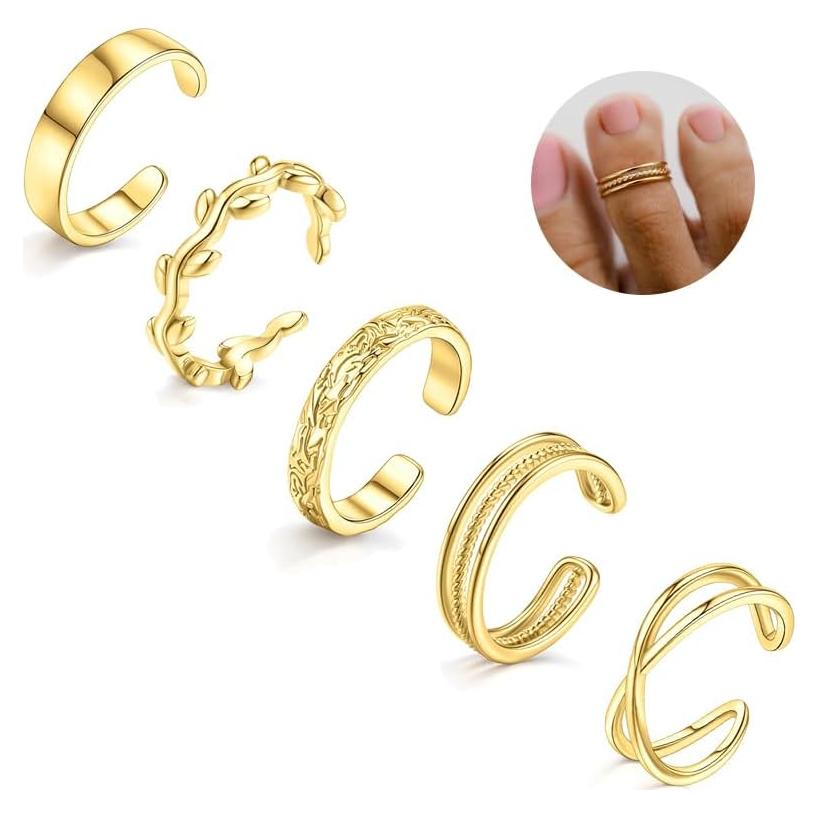 Set de 5 Anillos Ajustables de Oro 14K para Mujeres