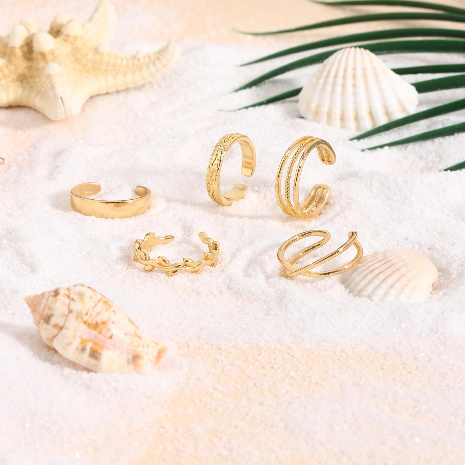 Set de 5 Anillos Ajustables de Oro 14K para Mujeres