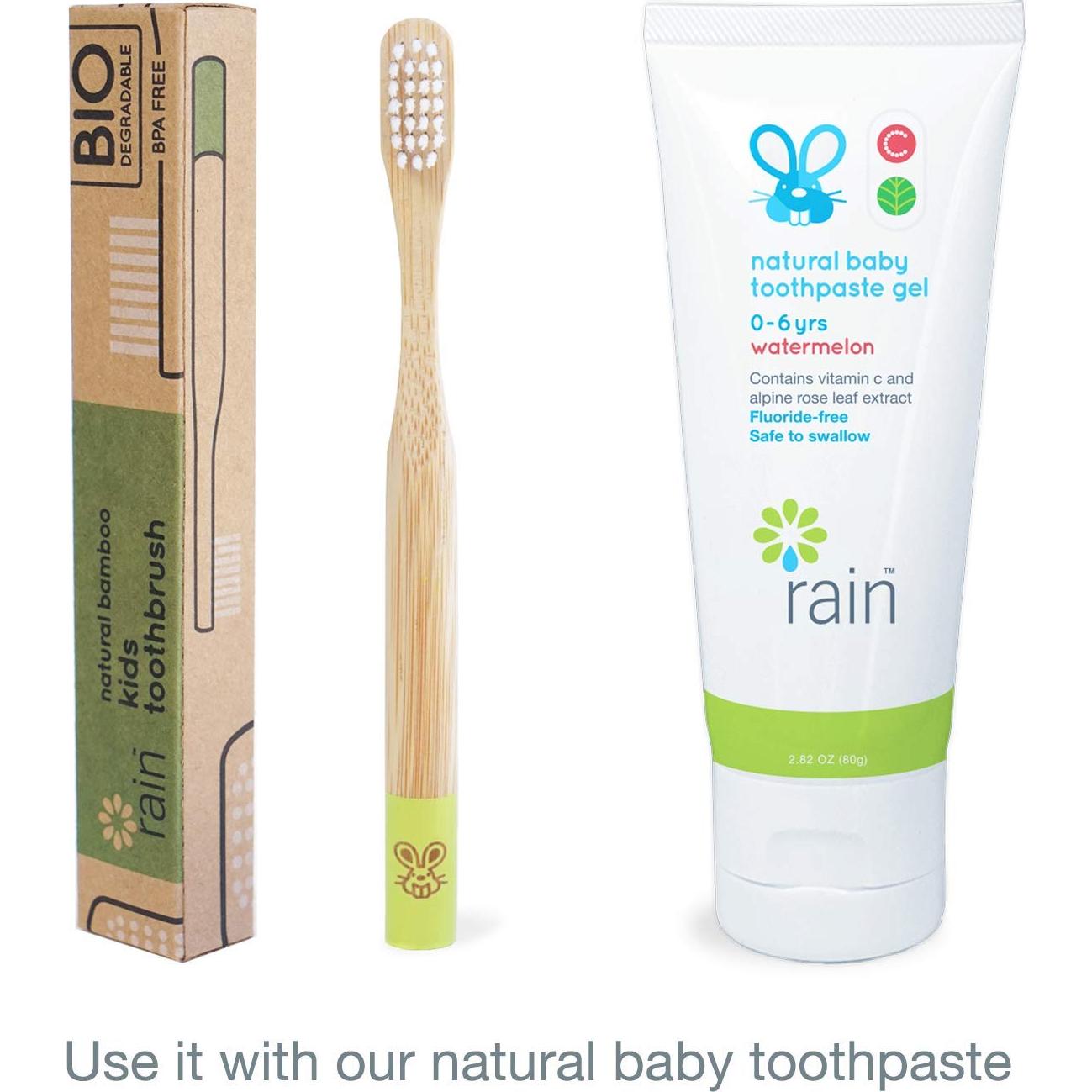 Rain Organic Bamboo Baby Toothbrush - 100% Safe Infant Toddler Kids Toothbrush 6 to 12 Months and Up, Natural BPA-Free Biodegradable Wood Toothbrush Extra Soft Bristles Children's Dental Care (1 Pack)