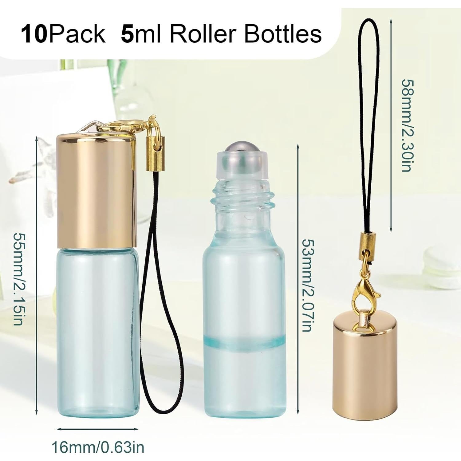 Ellbest 10 Botellas de Rodillo 5ml Vidrio Azul Perla con Accesorios