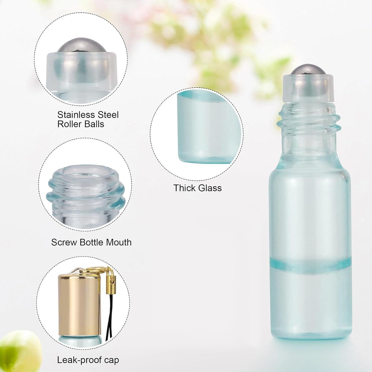 Ellbest 10 Botellas de Rodillo 5ml Vidrio Azul Perla con Accesorios