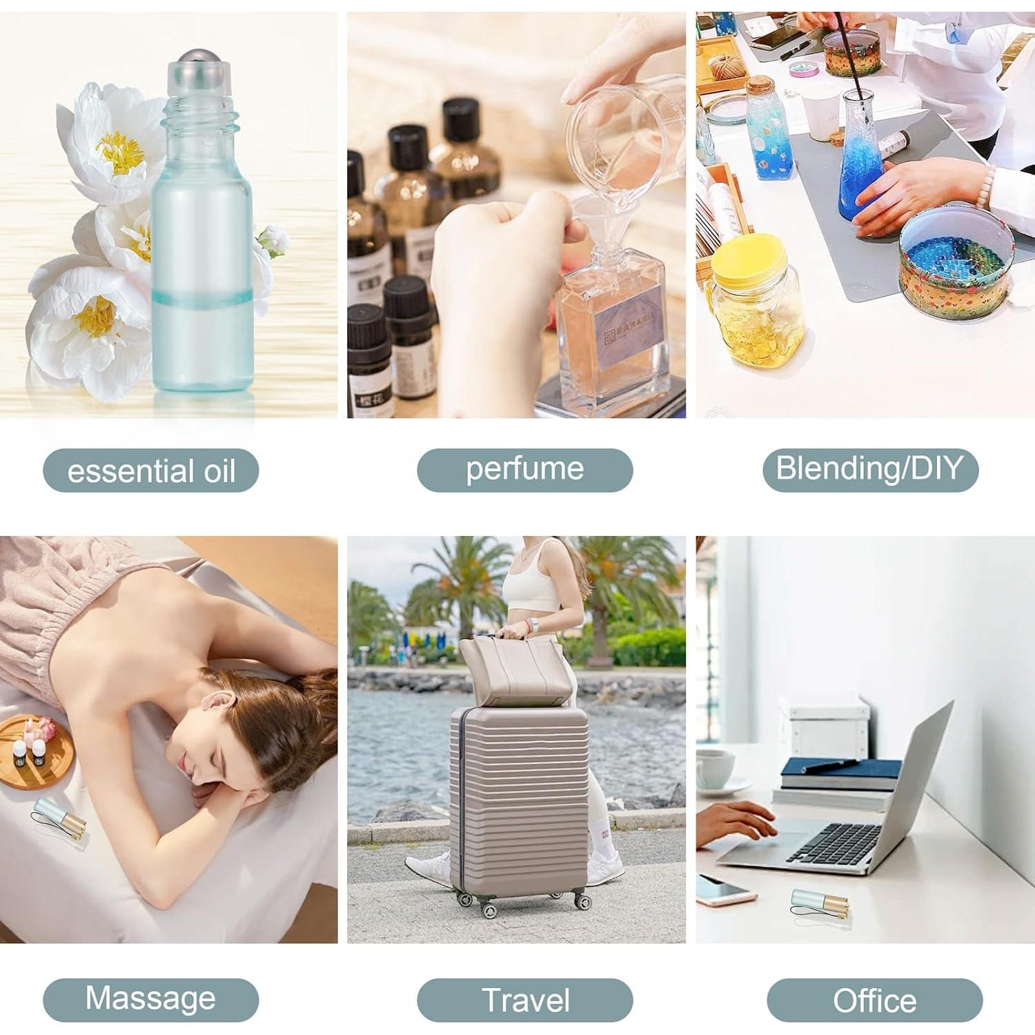 Ellbest 10 Botellas de Rodillo 5ml Vidrio Azul Perla con Accesorios