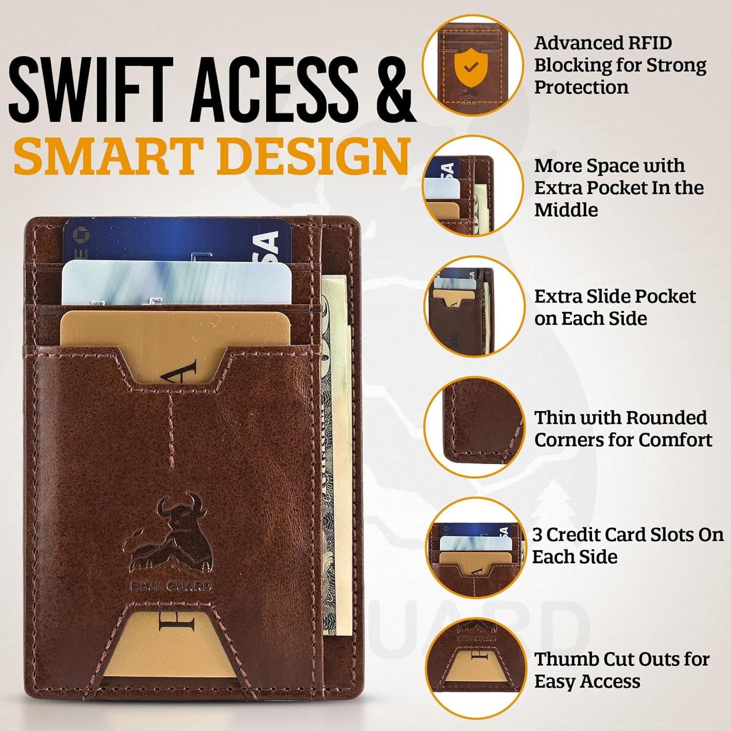 Cartera delgada de cuero Bull Guard con bloqueo RFID - Marrón