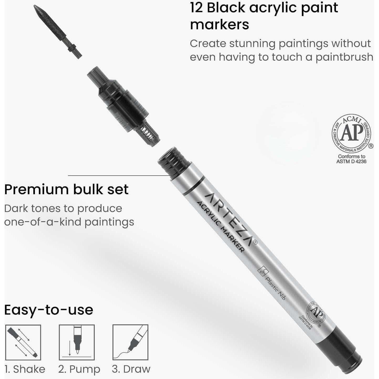 Marcadores de Pintura Acrílica Arteza, Paquete de 12 Negros