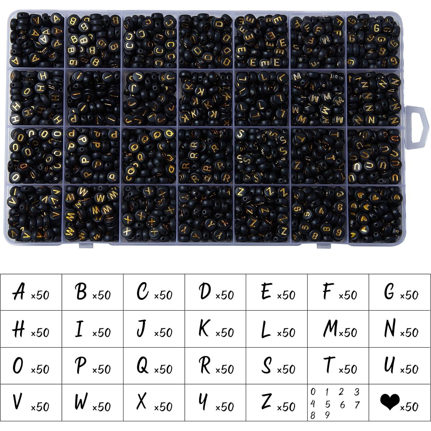 1400 Perlas de Letras Weiyiziens 4x7mm Acrílico Negro y Dorado