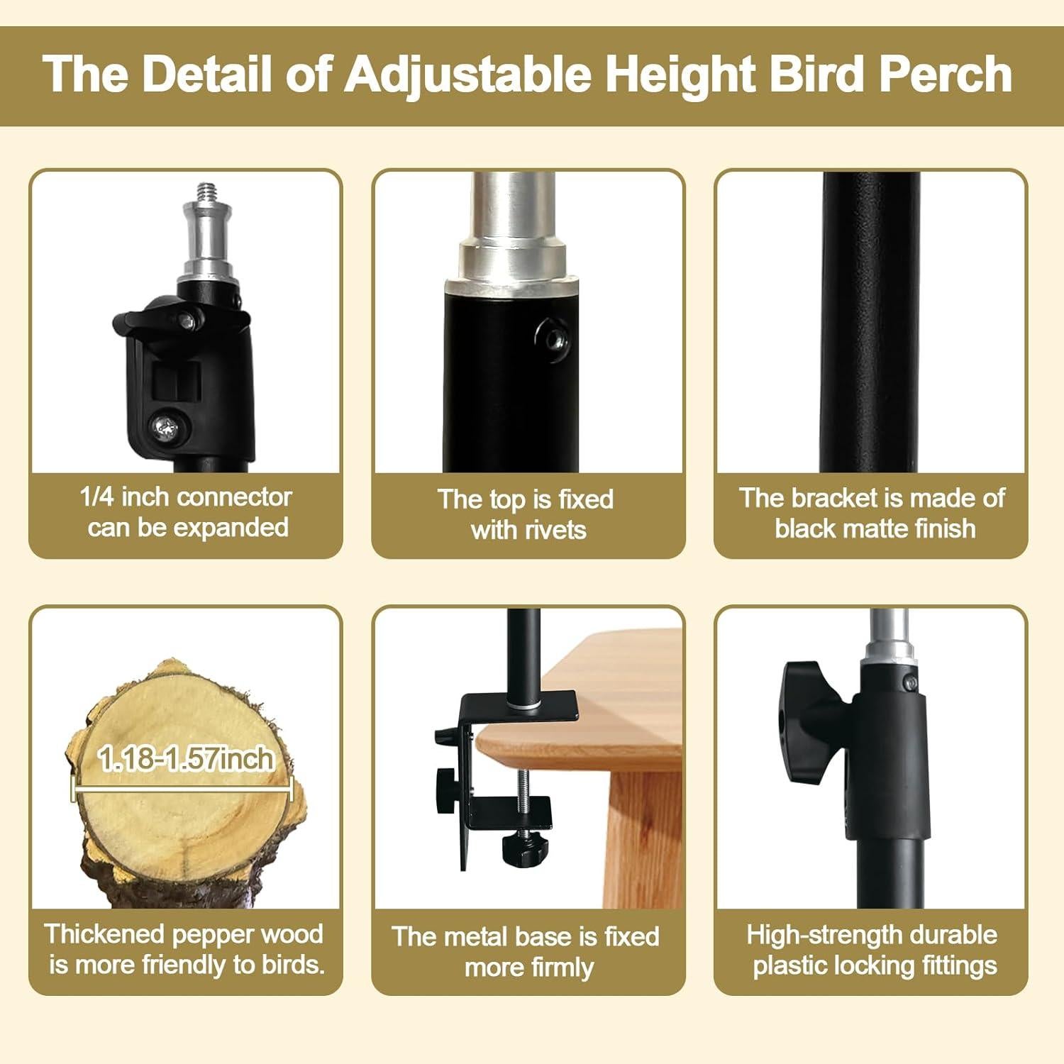 Perch para Pájaro Arfubye Ajustable 33-58 cm Madera de Pimienta