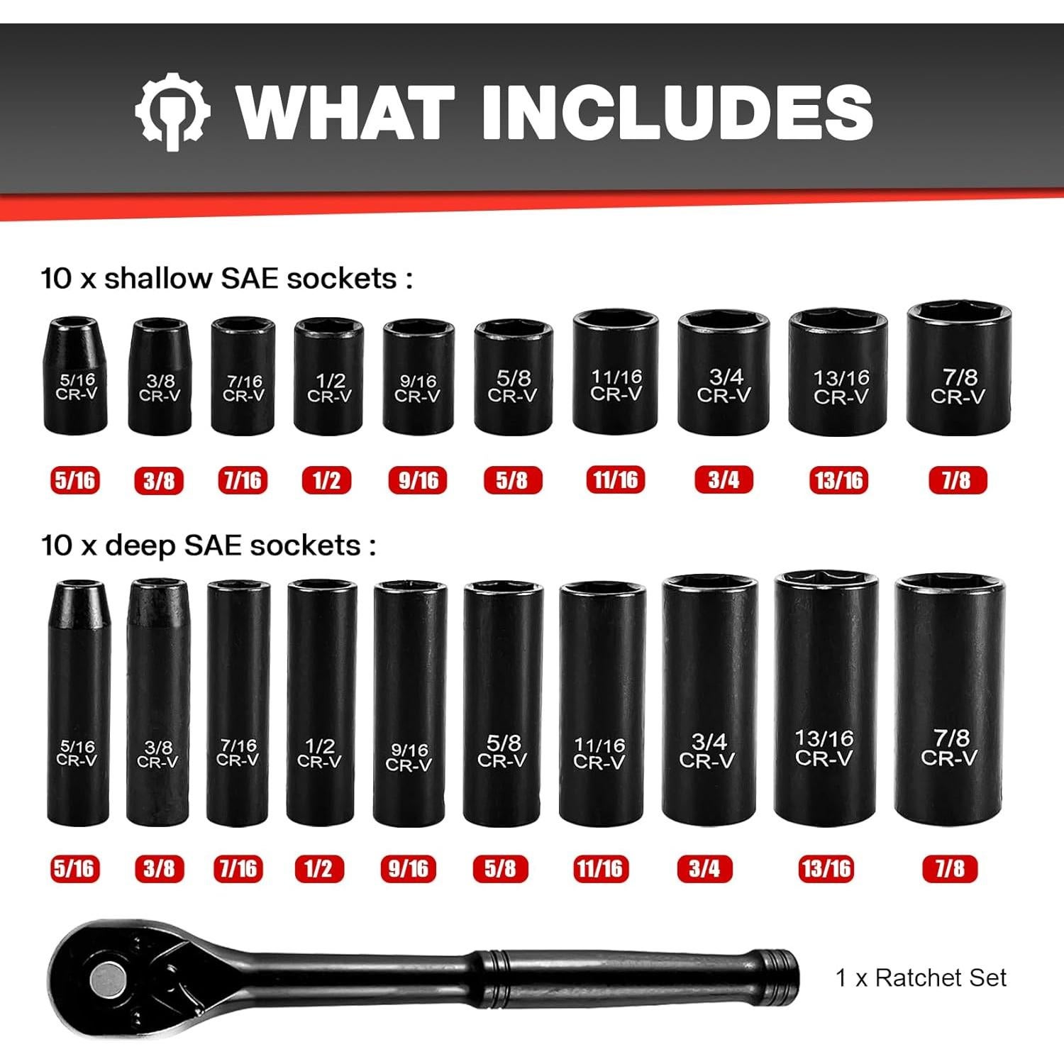 Juego de Enchufes de Impacto 21pcs EACELIY 3/8" Acero Cr-V