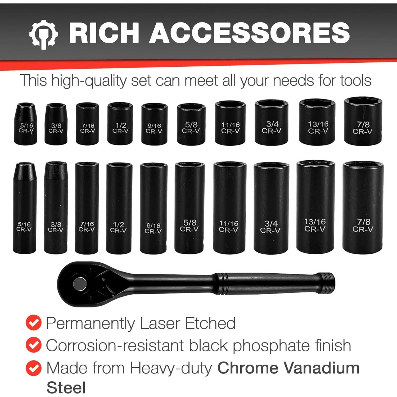 Juego de Enchufes de Impacto 21pcs EACELIY 3/8" Acero Cr-V