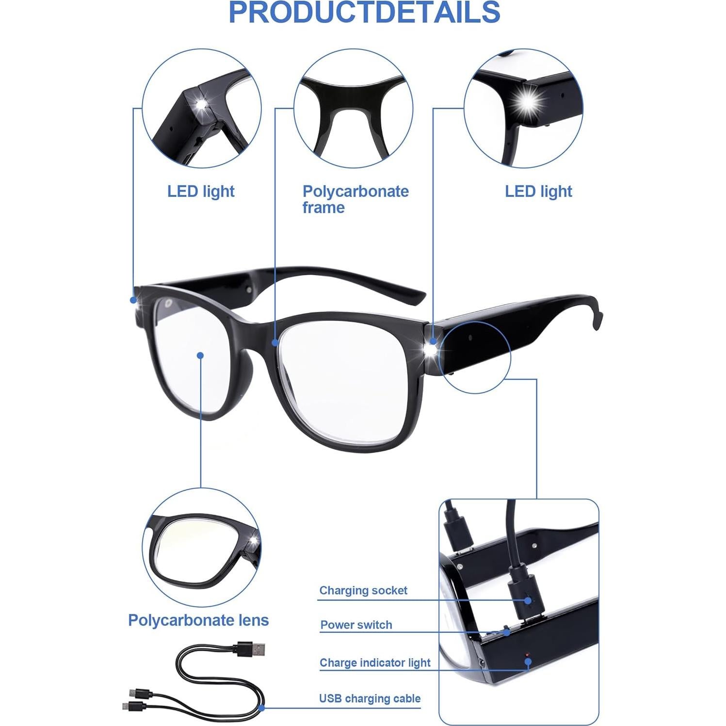 Gafas de Lectura Iluminadas OKH 1.0x Recargables USB Anti-Luz Azul