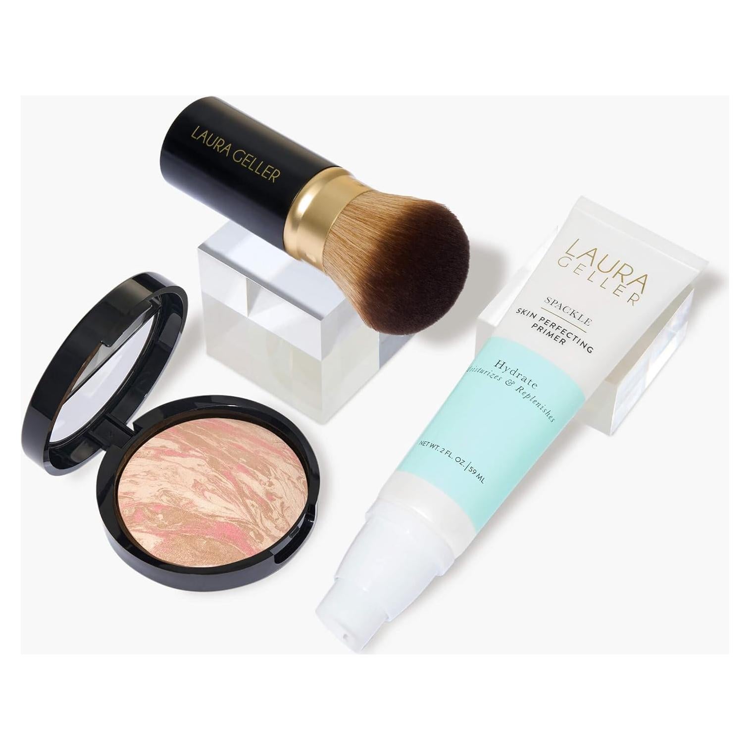 Kit de Maquillaje Laura Geller New York 3 Piezas - Base Polvo Porcelana, Primer Hidratante y Brocha Kabuki