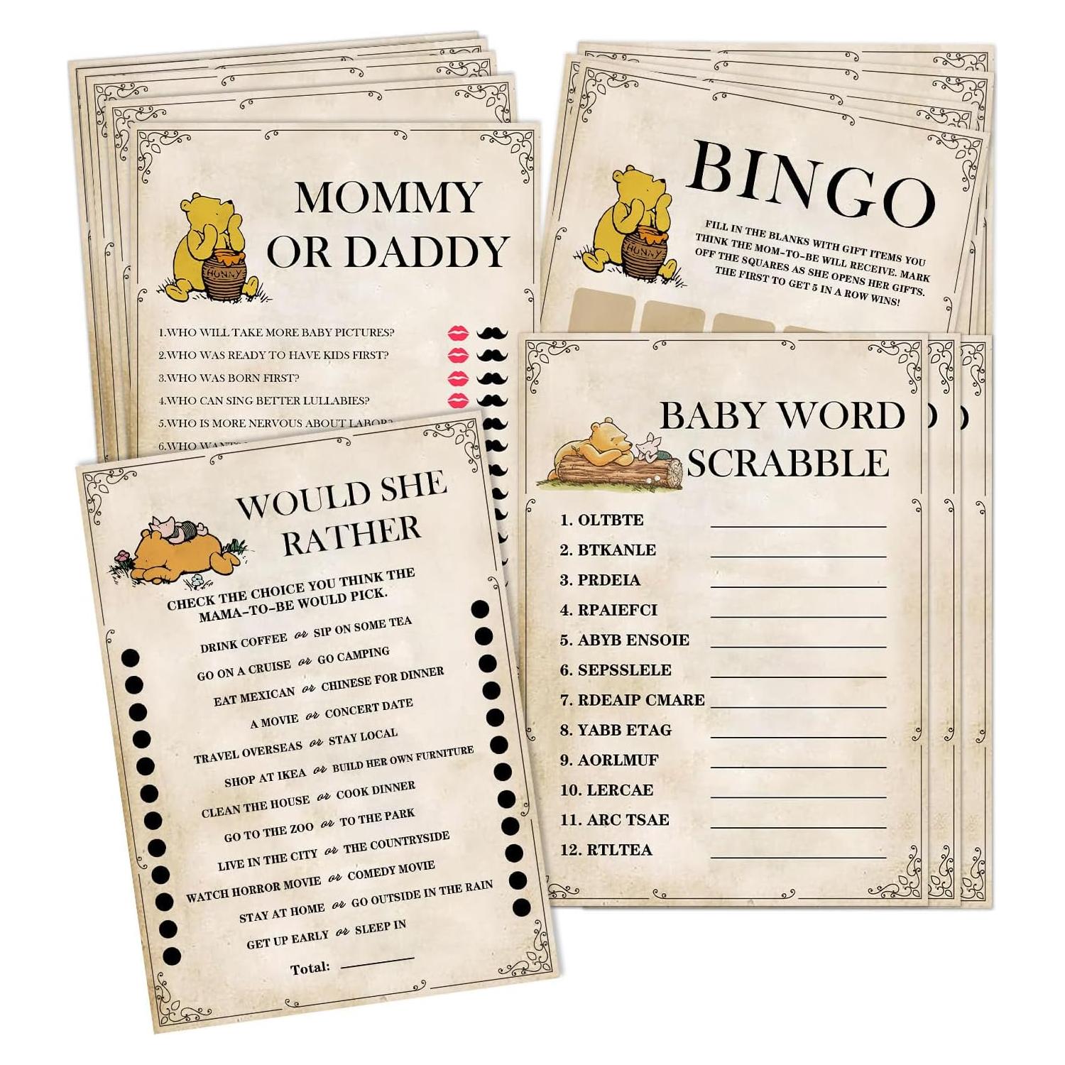 Juego de Baby Shower Winnie 51 Piezas - Tarjetas de Actividades