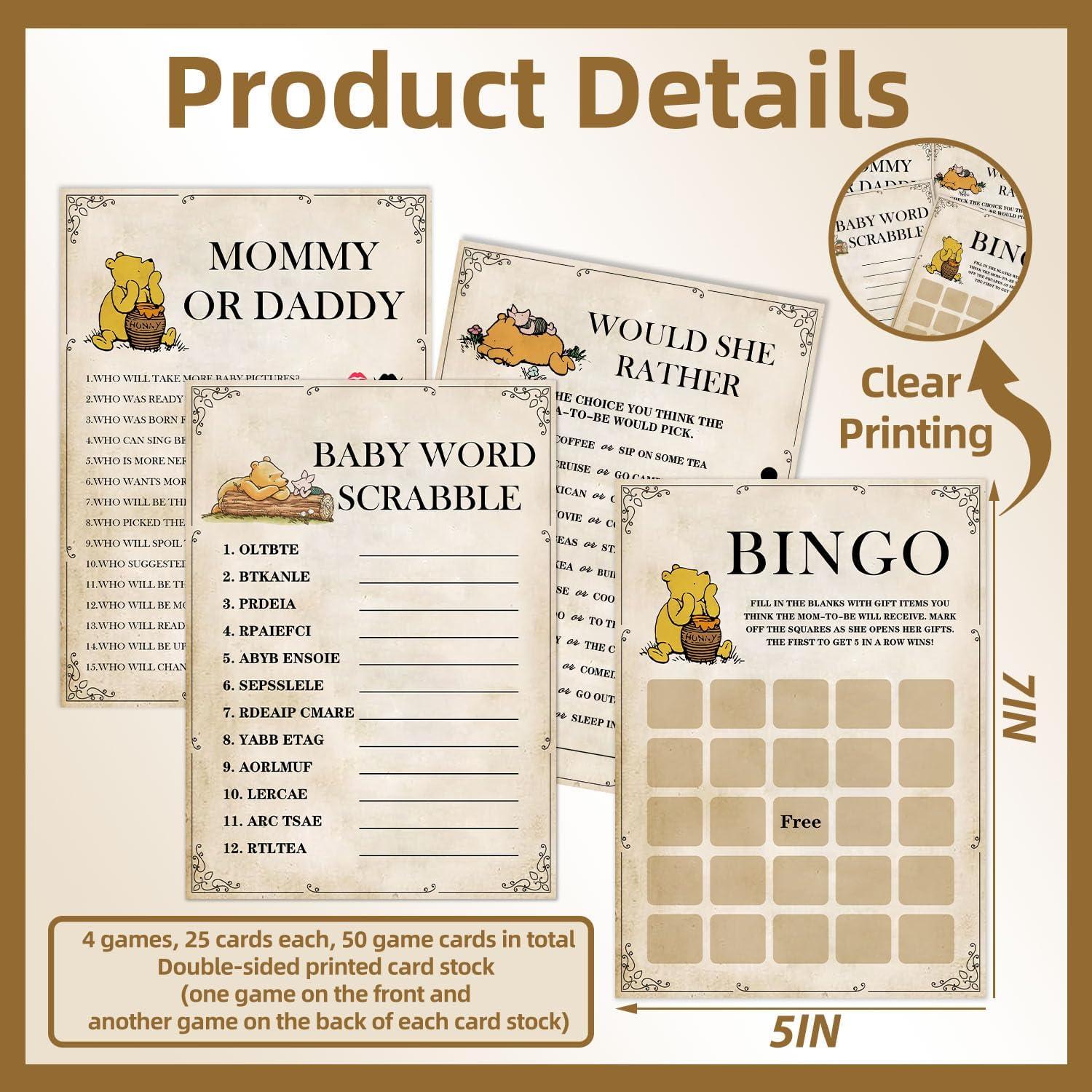 Juego de Baby Shower Winnie 51 Piezas - Tarjetas de Actividades