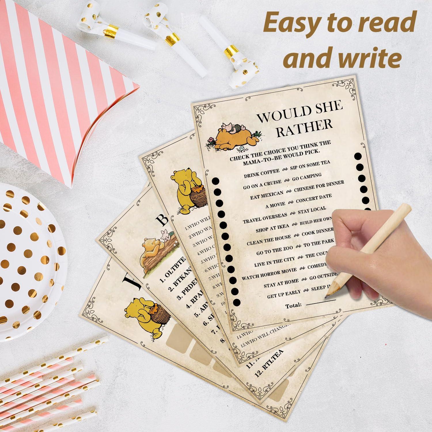 Juego de Baby Shower Winnie 51 Piezas - Tarjetas de Actividades