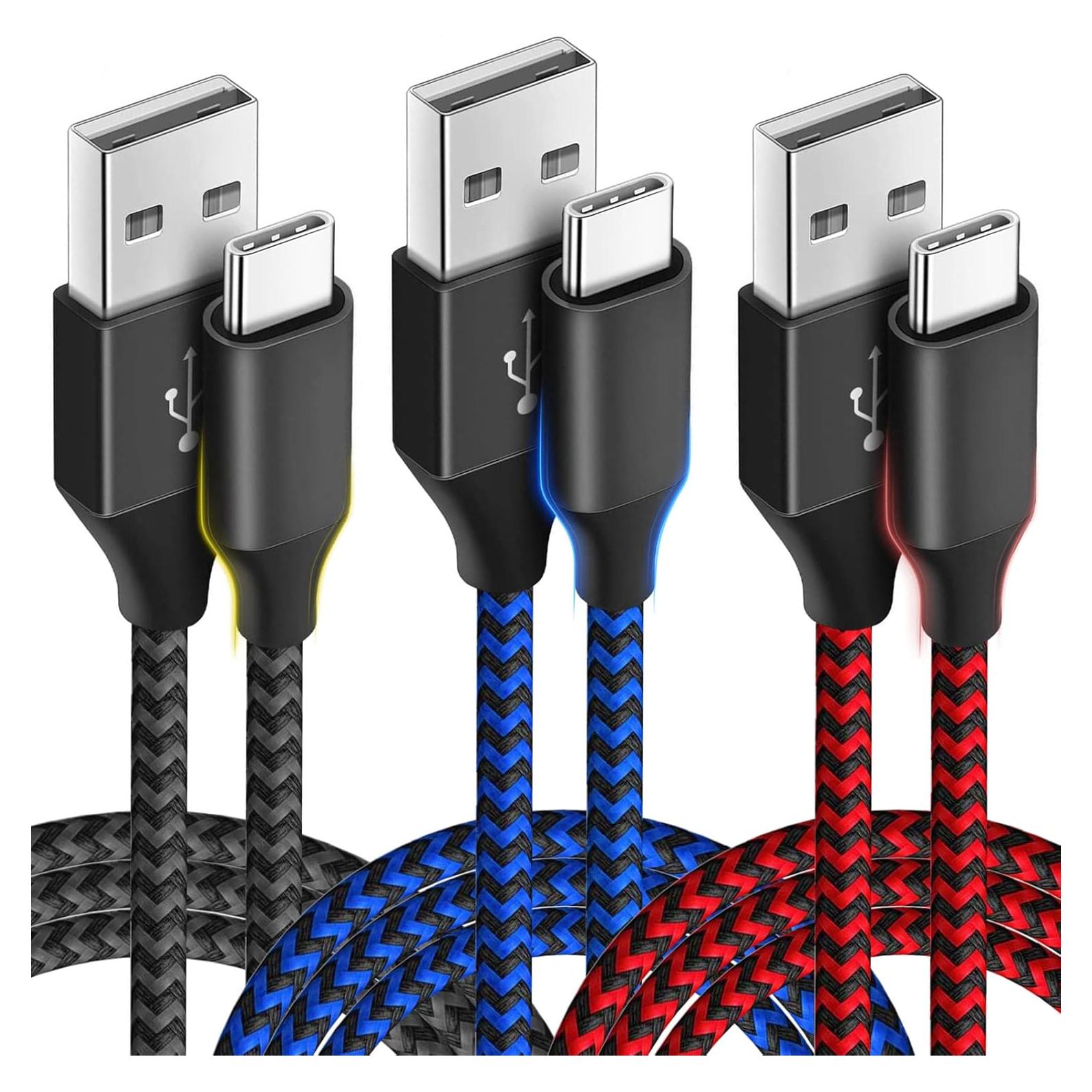 Cable de Carga Rápida USB Tipo C Puxnoin 3m 3 Pack - Negro Azul Rojo